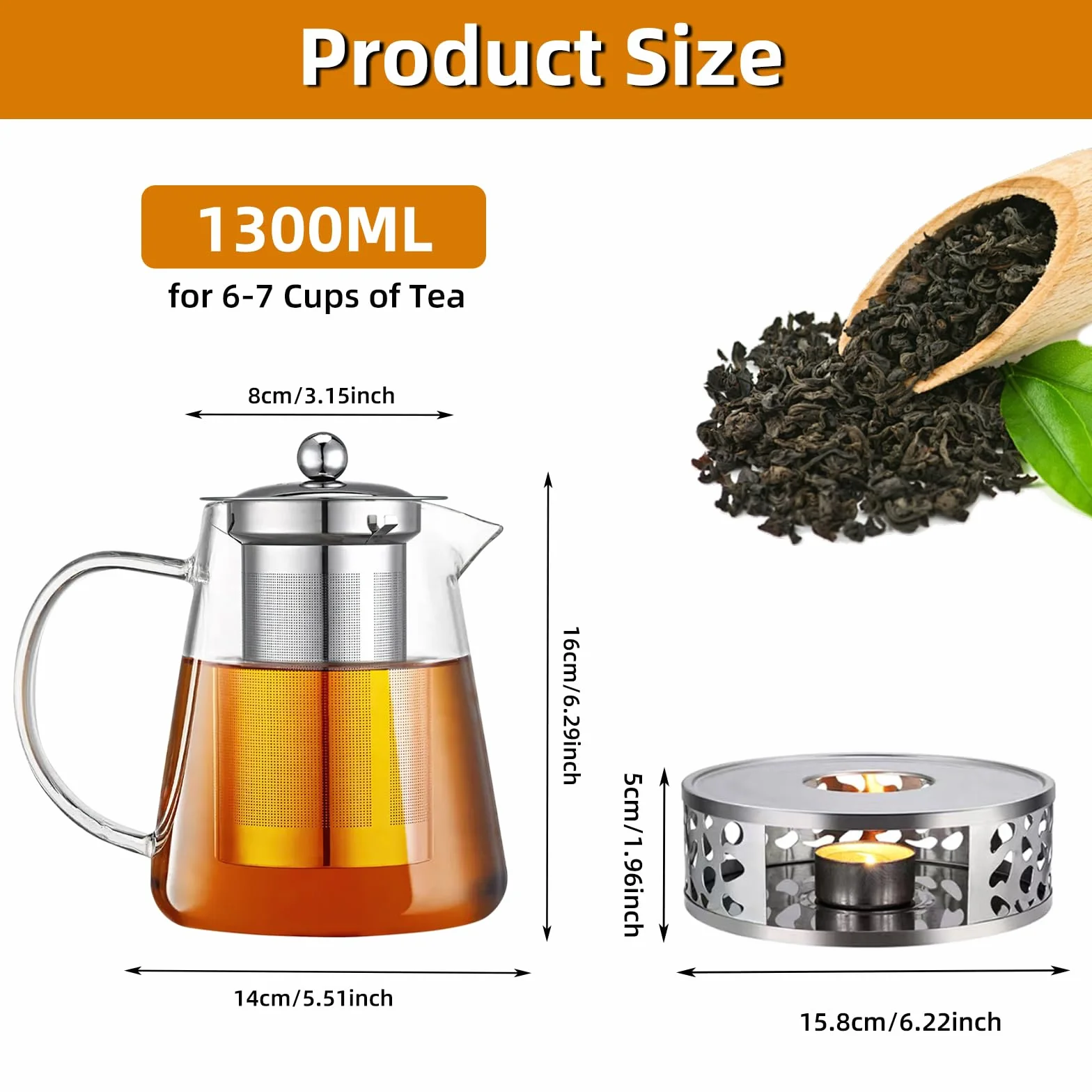 Dzbanek do herbaty 1300 ml, szklany z sitkiem i podgrzewaczem, podgrzewacz ze stali nierdzewnej, szkło borokrzemowe, zaparzacz do herbaty, dzbanek do herbaty sypkiej, herbaty owocowej