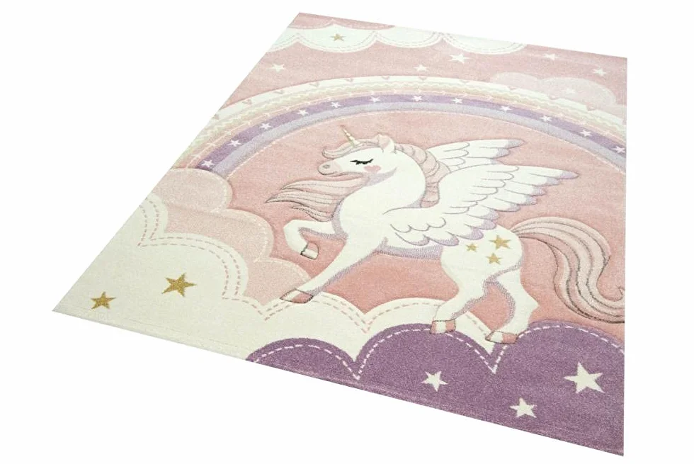 CARPETIA Dywan 200x290 cm różowy kremowy niebo chmury tęcza jednorożec