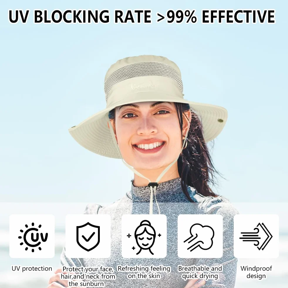 Kapelusze typu bucket uniseks UPF50+, safari, ochrona przed promieniowaniem UV, szerokie rondo, turystyczna, oddychająca, siateczkowa, letnia, lekka, przenośna, składana, na wędkowanie,