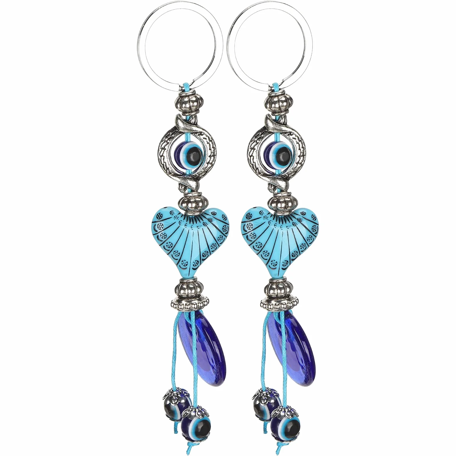 Fydun 2 szt. Evil Eyes brelok do kluczy Lucky Eye kółko na klucze niebieski turkusowy amulet koraliki w kształcie serca zawieszka kółko na klucze biżuteria