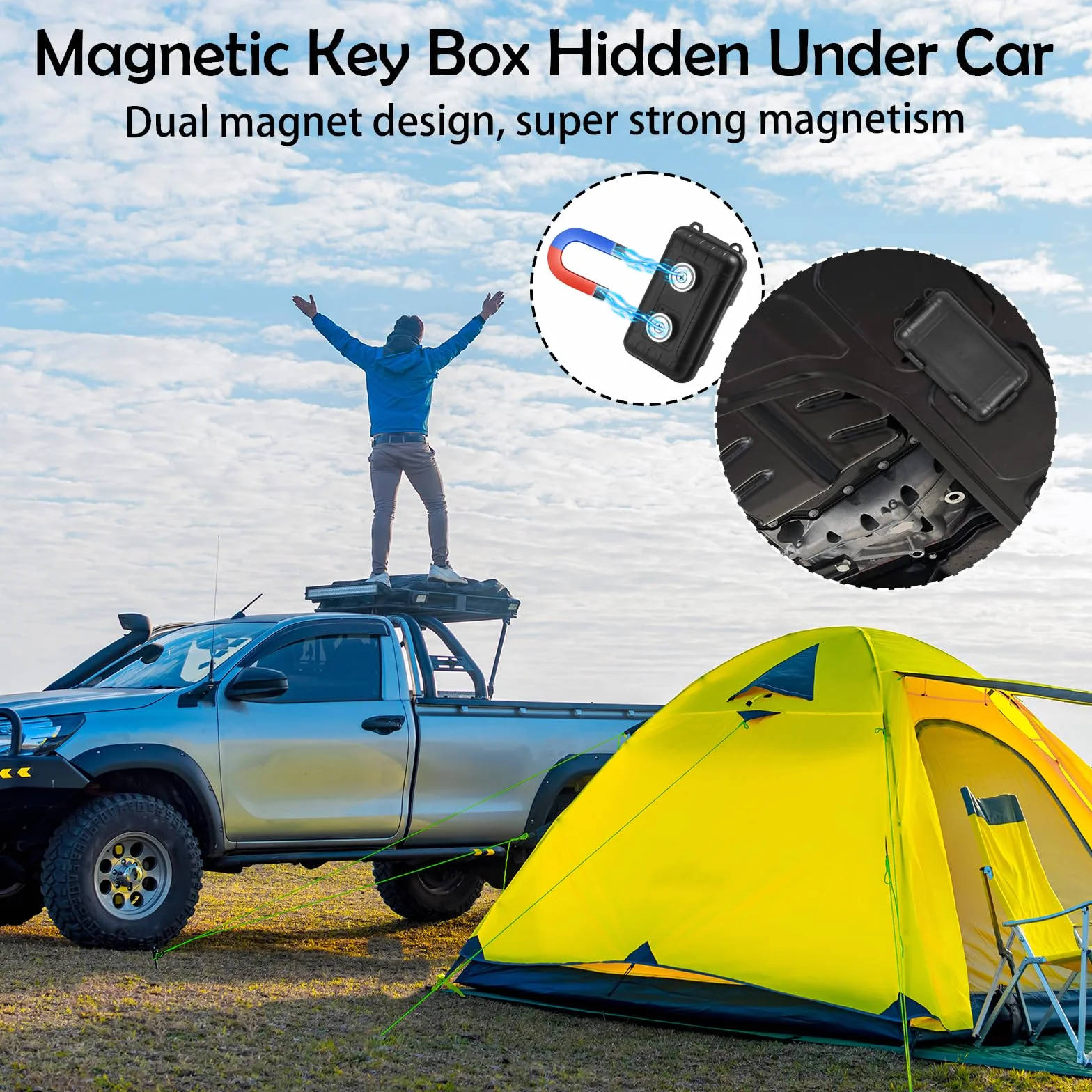 Magnetyczny uchwyt na klucze pod samochodem, ukryte magnetyczne pudełko na klucze, wodoodporne magnetyczne pudełko do przechowywania kluczy USB, czarny, Czarny, Jeden rozmiar