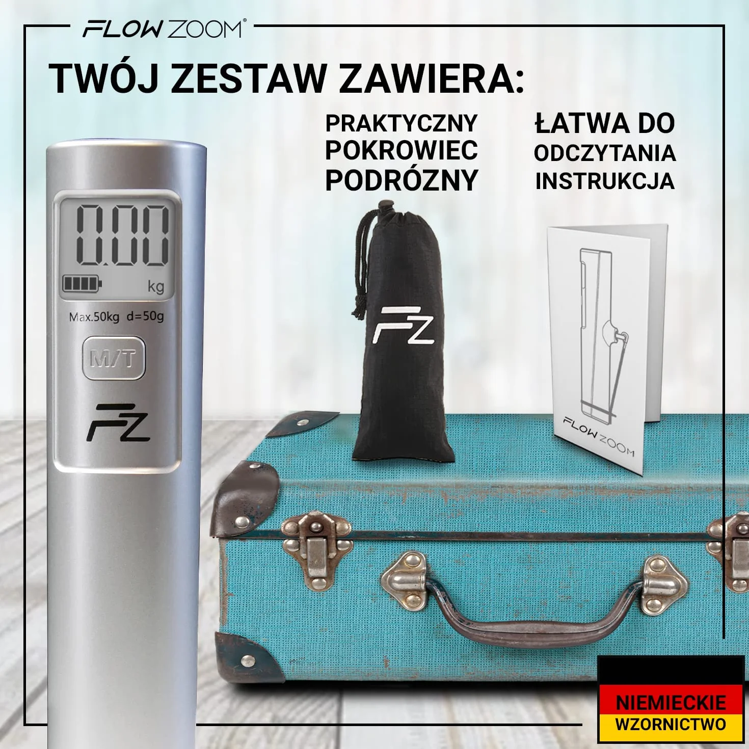 FLOWZOOM Waga Bagażowa Elektroniczna | Przenośna Podróżna Waga Wisząca z Torbą do Przenoszenia i Funkcją TARE | Walizkowa SHAKEE, Srebrny