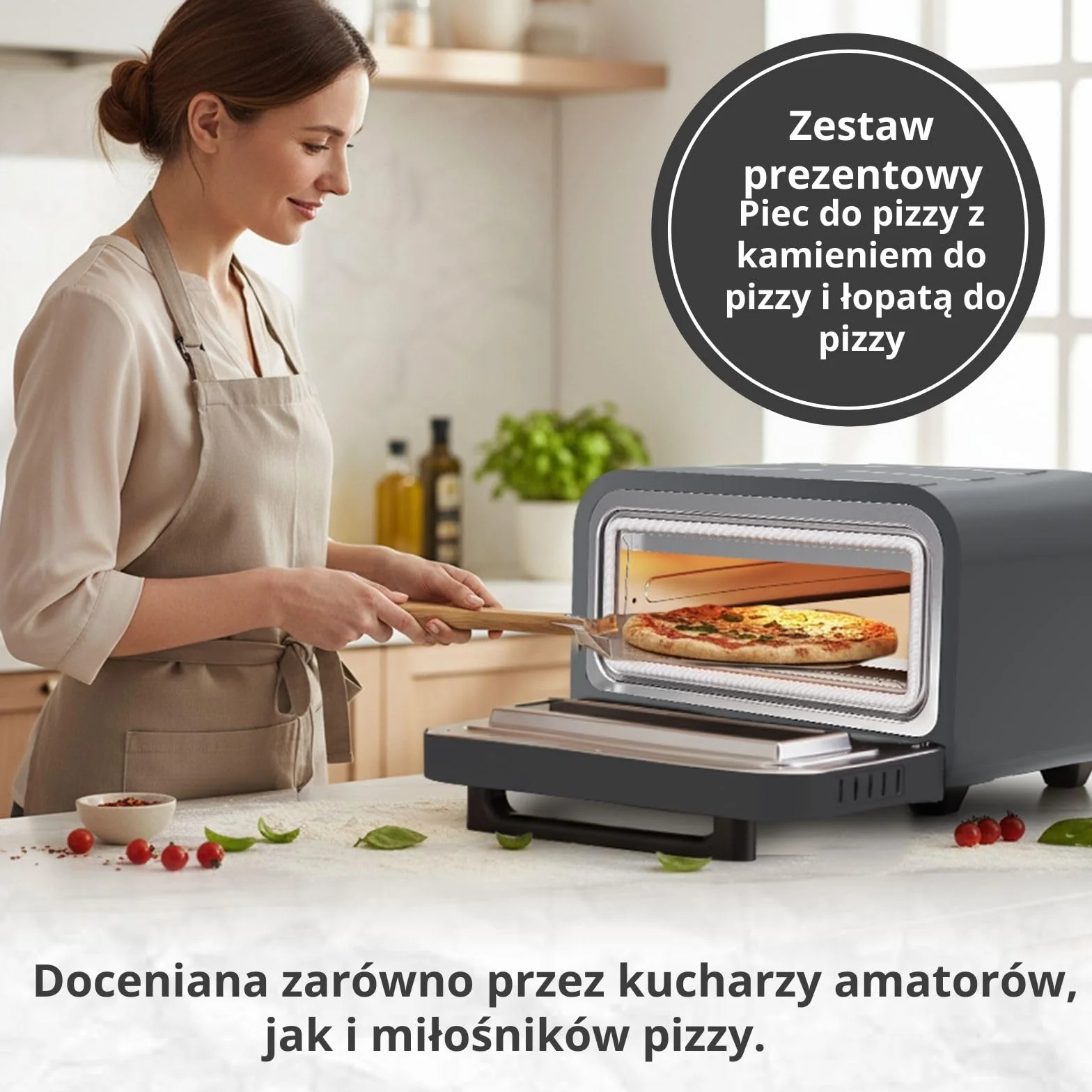 Elektryczny piec do pizzy 1700 W 450 °C z kamieniem i łopatką, timer, oświetlenie wewnętrzne, szary