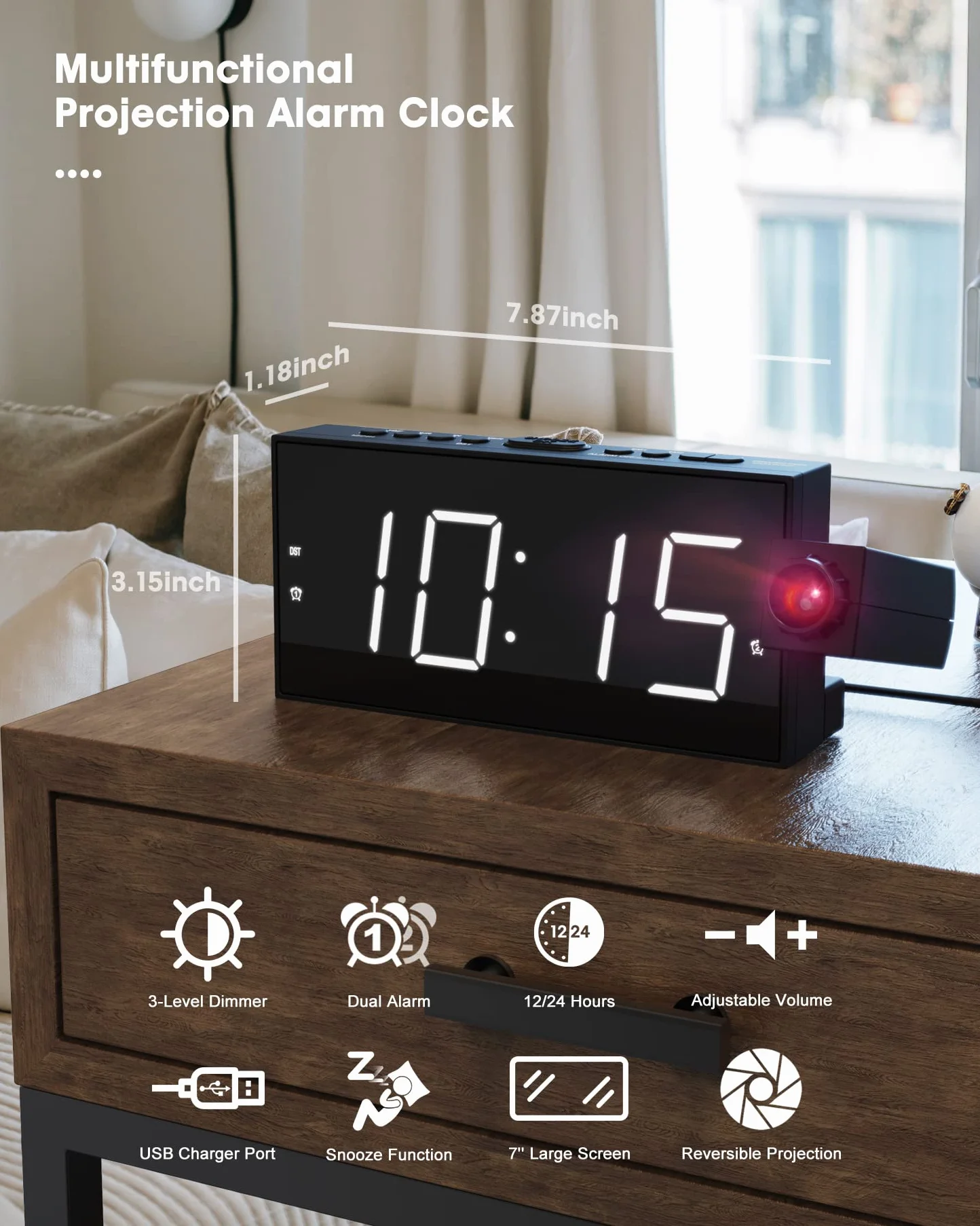ROCAM Budzik projektor sufitowy LED biały z ładowaniem USB 12/24H drzemka