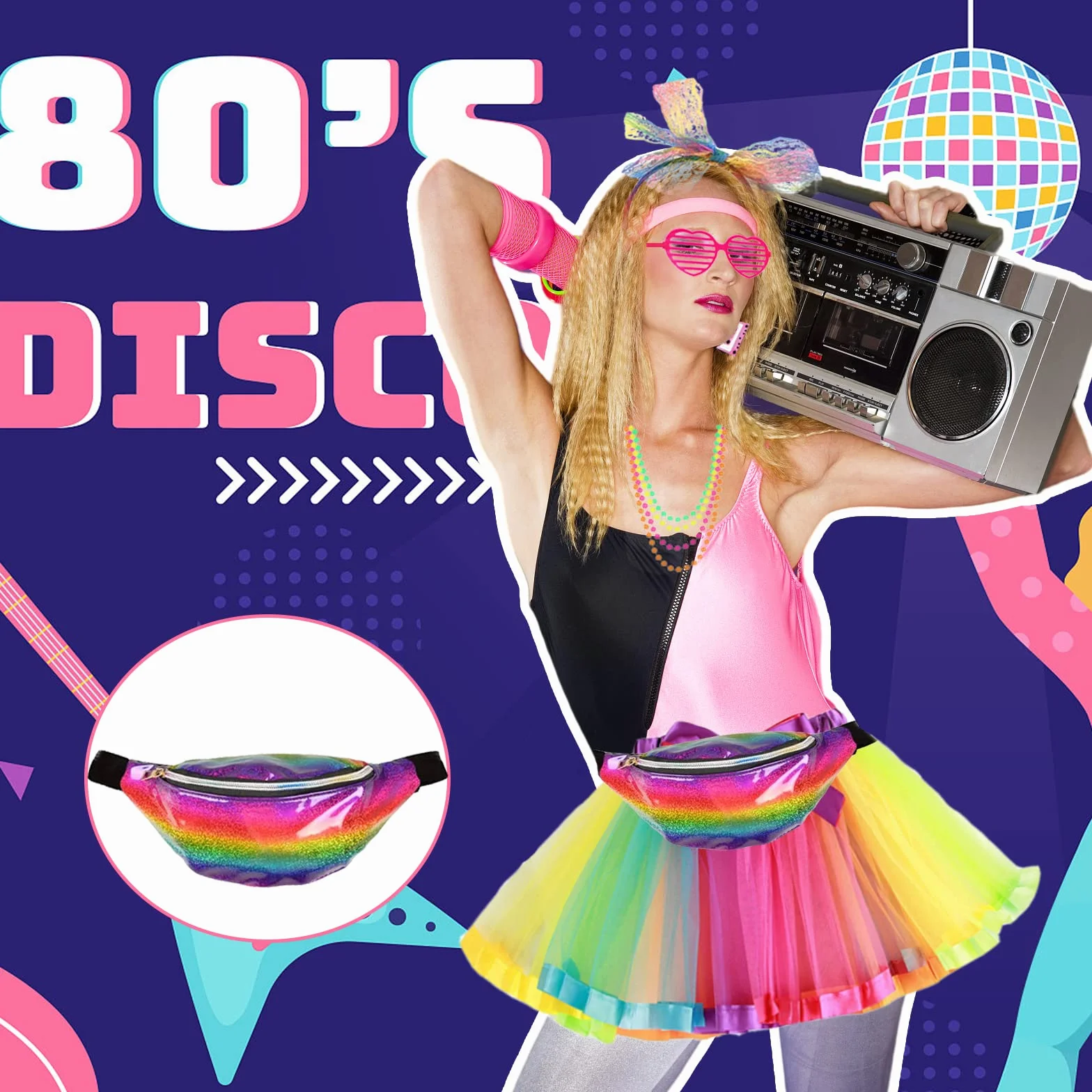 Fantazyjny strój dla kobiet i dziewcząt z lat 80. XX wieku, na imprezę, zestaw akcesoriów, spódniczka tutu, ocieplacz na nogi, kolczyki, kabaretki, rękawiczki, naszyjnik, okulary, bransoletka, opaska