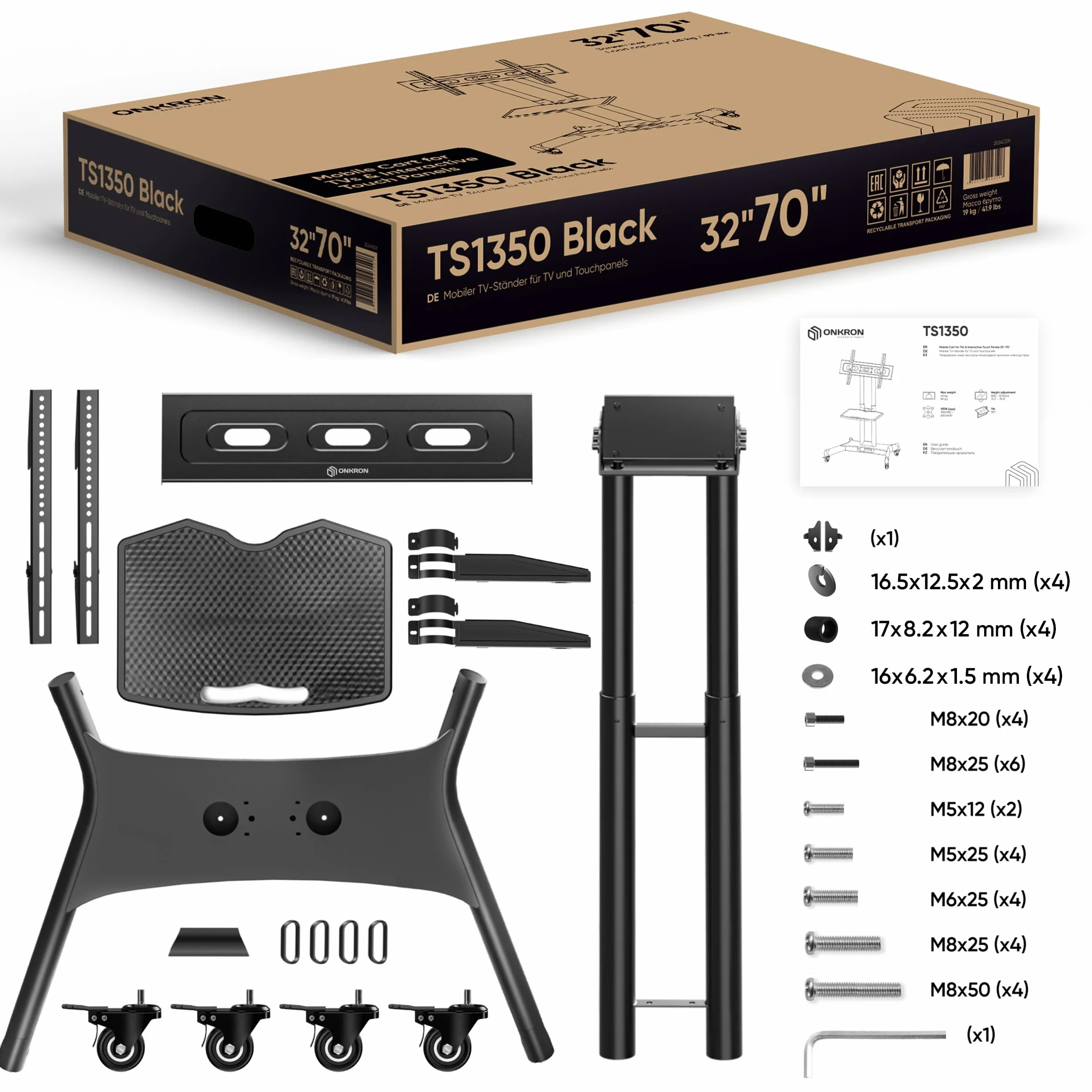 ONKRON Mobilny Stojak TV 32-70 Cali, Maks. 45 kg, Pochylany Wózek Pod Telewizor VESA 100x100-600x400, Stojak na Kółkach z Półką AV i Regulacją Wysokości, Czarny TS1350-B