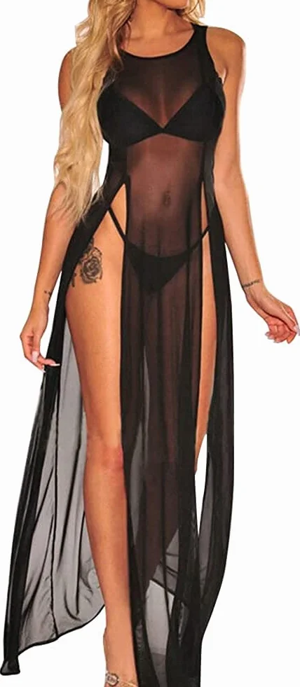 Seksowna przezroczysta siatka sukienka z wysokim otwarciem długa sukienka dla Bikini Cover Up na okładkę Bikini Topy Red Plaża Strój Kąpielowy dla Kobiet, czarny, rozmiar uniwersalny