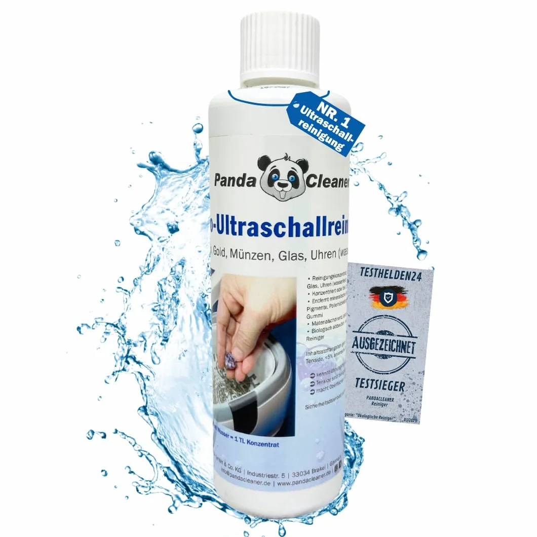 PandaCleaner Płyn do czyszczenia ultradźwiękowego – 250 ml koncentrat do okularów, produktów dentystycznych, złota, monet, szkła, zegarków (wodoodpornych) i wielu innych (250 ml)