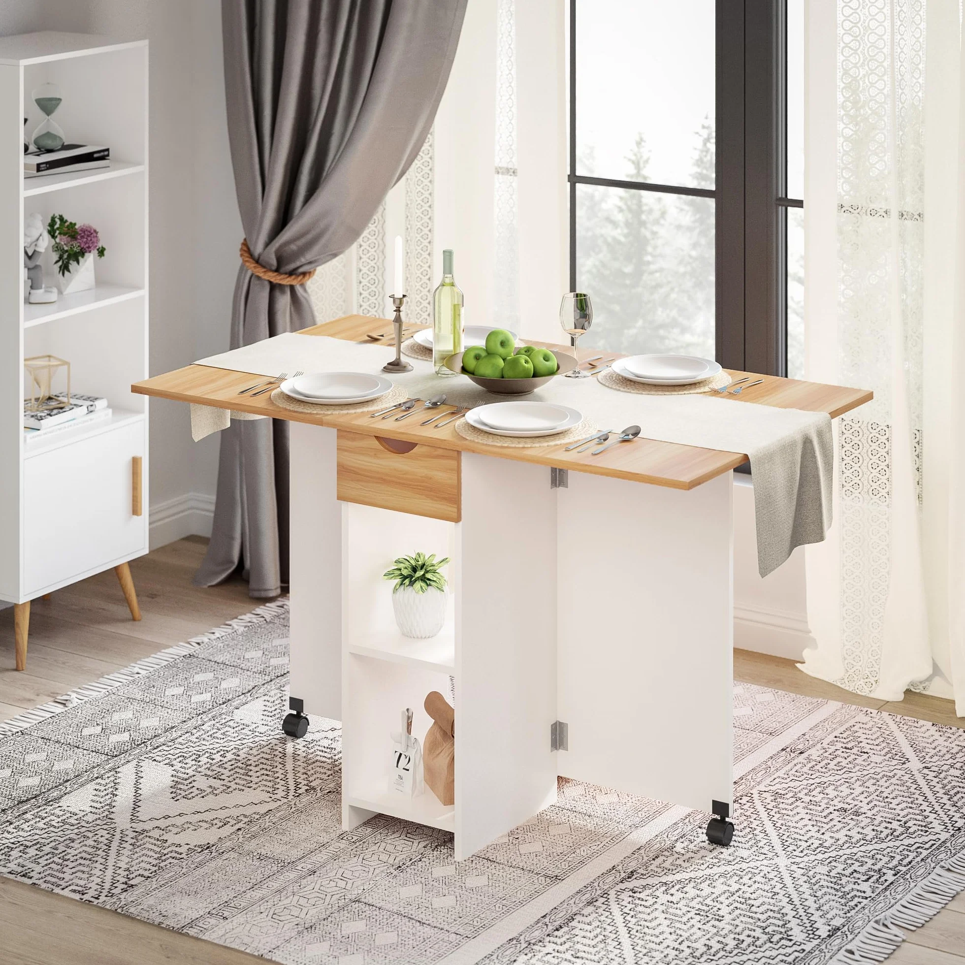 Mondeer Mobilny składany stół 1 szuflada 2 półki biały dąb czerwony 72x120x75