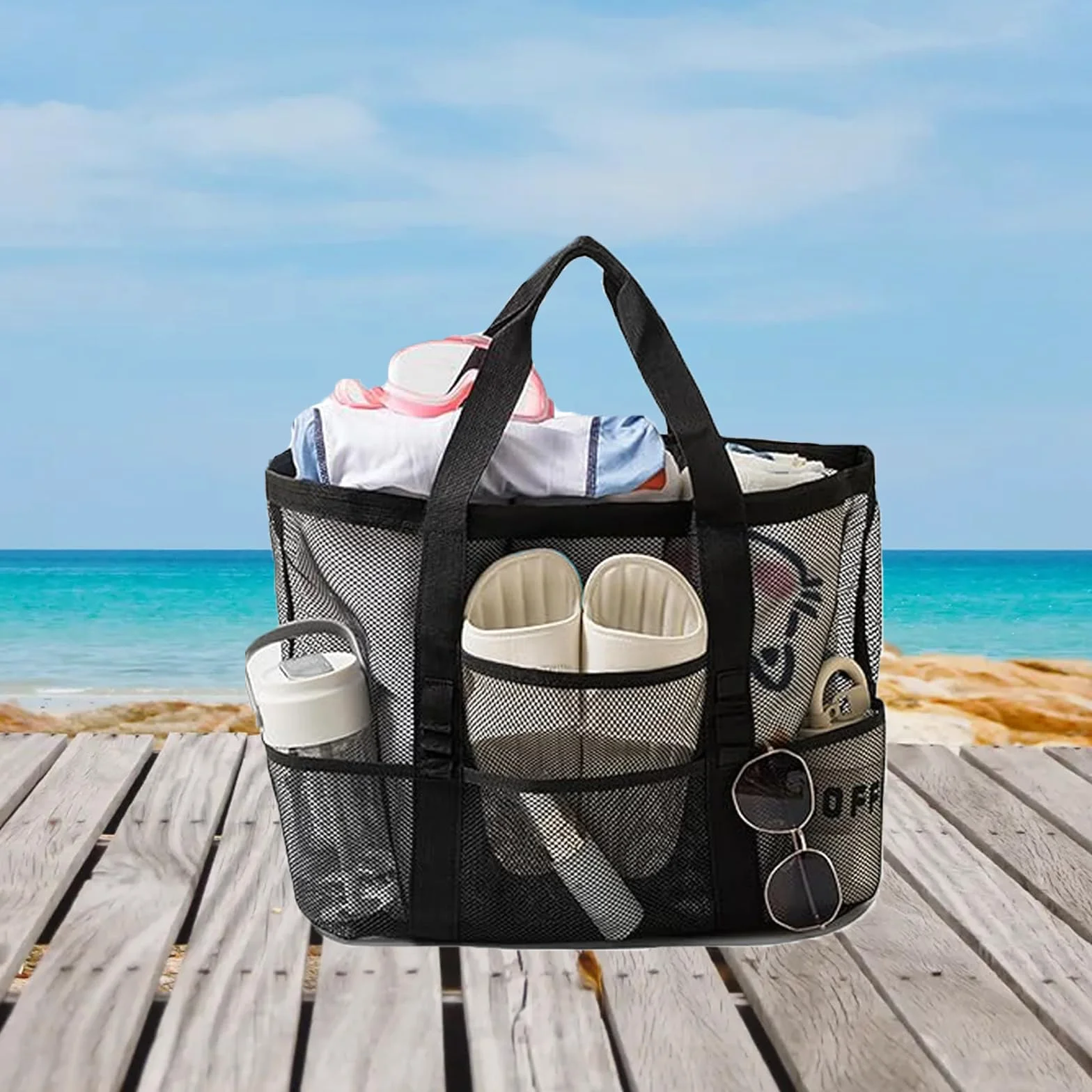 Składana siatkowa torba na zabawę plażową, damska torba plażowa z siatki na guziki, lekka i oddychająca, torba prysznicowa, duża pojemność, na basen, wakacje i plażę