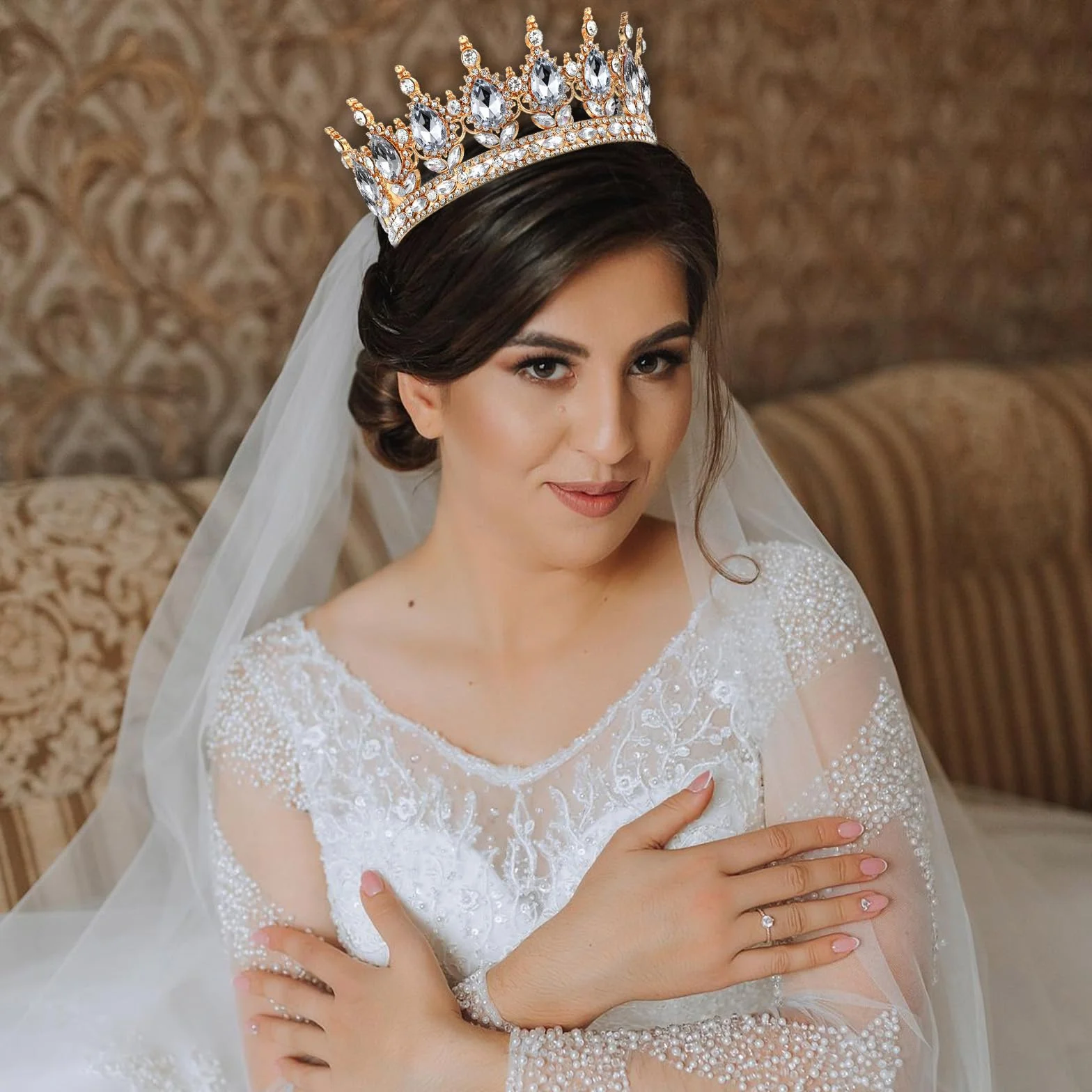 Złota korona kryształ górski diadem ślubny dla panny młodej