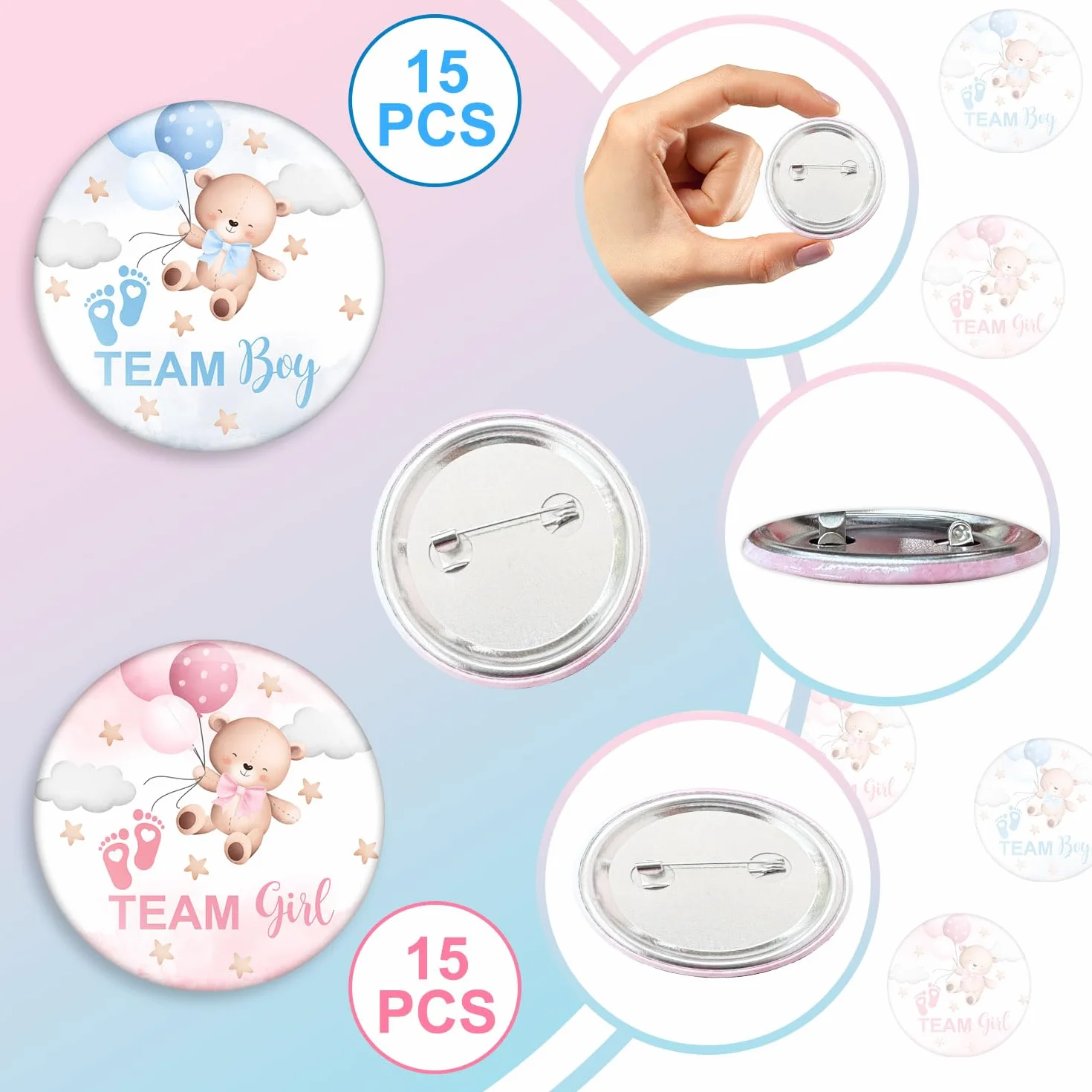 Przyciski ujawniające płeć na baby shower, przypinki drużynowe do ujawnienia płci, przypinki do gier dla gości, przypinki na imprezę dla dzieci, przypinki do gier imprezowych, 30 szt. 30 szt. 3,5 cala