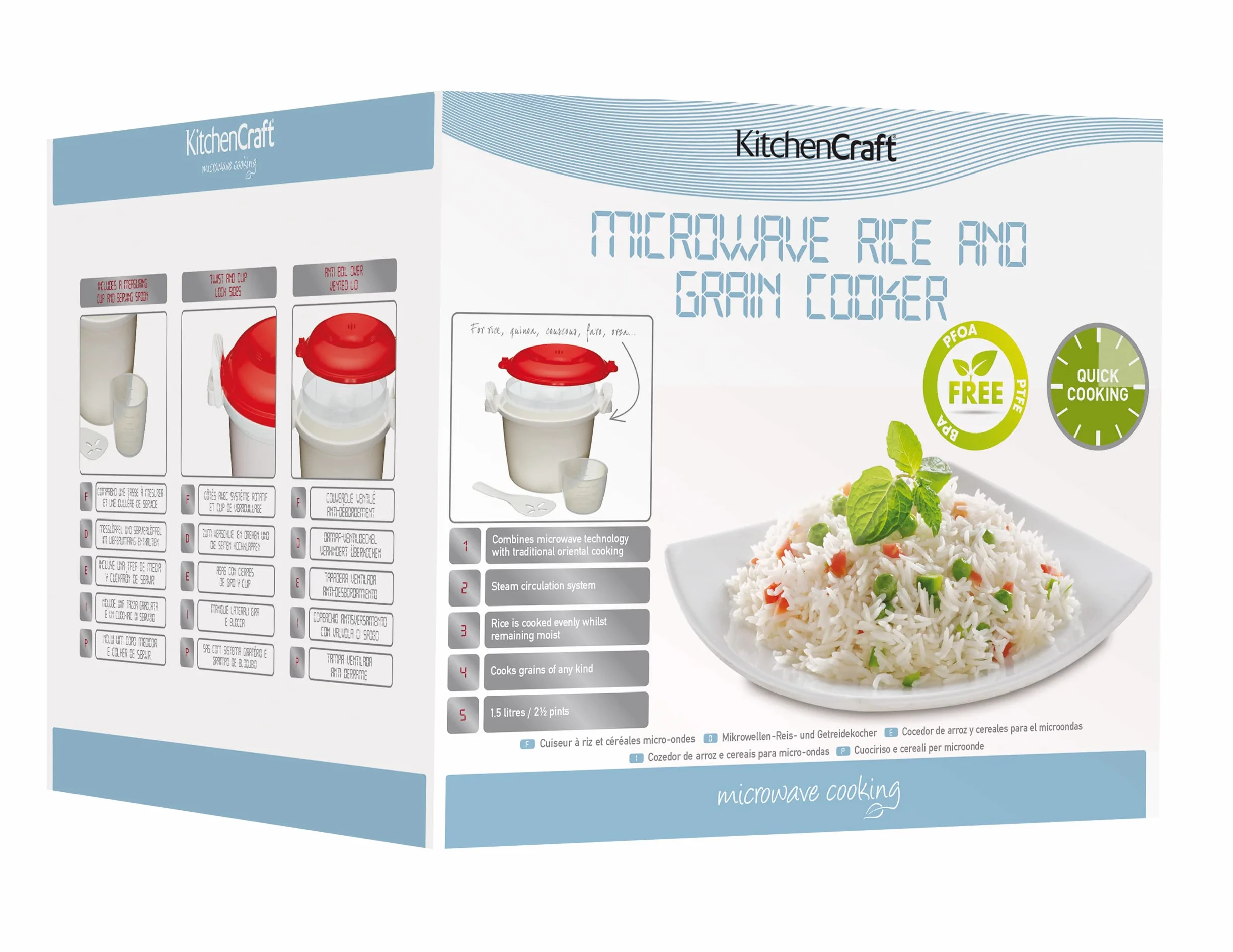 KitchenCraft Ryżowar do Mikrofalówki, Plastik bez BPA, 1,5 Litra - Kolor Biały/Czerwony