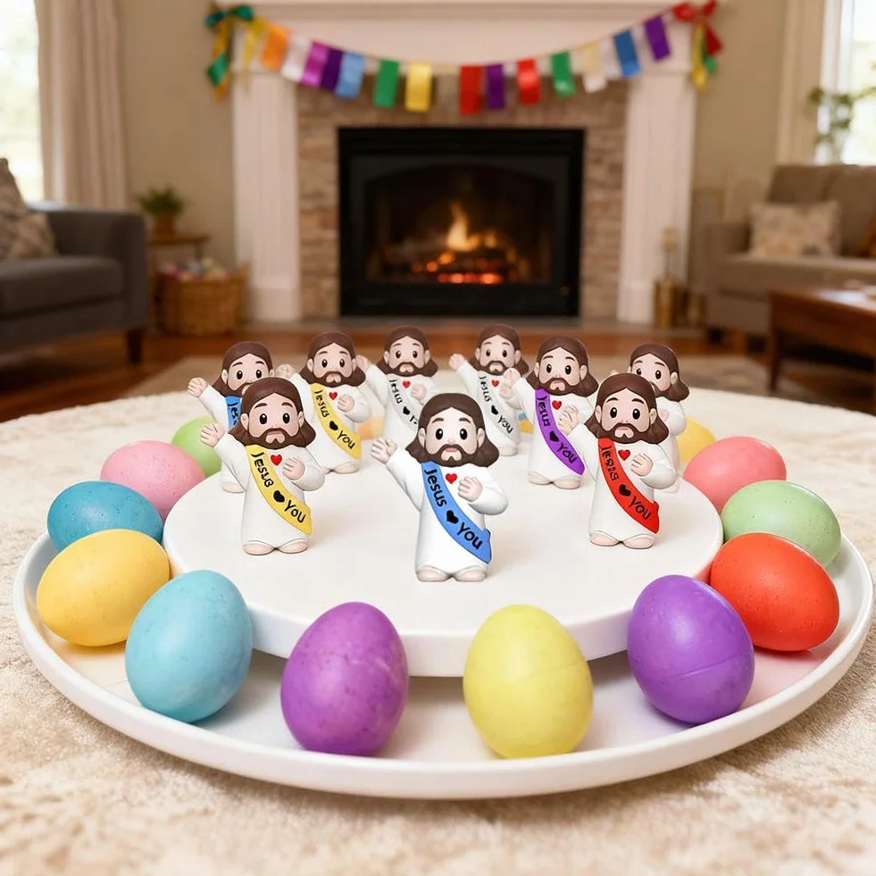 Figurki Małego Jezusa, 50 szt., mini figurki Jezus, małe statuetki do nadziewania jajek wielkanocnych, wielokolorowe figurka "Jesus Loves You", mini figurka Jezus, do nadziewania jajek wielkanocnych