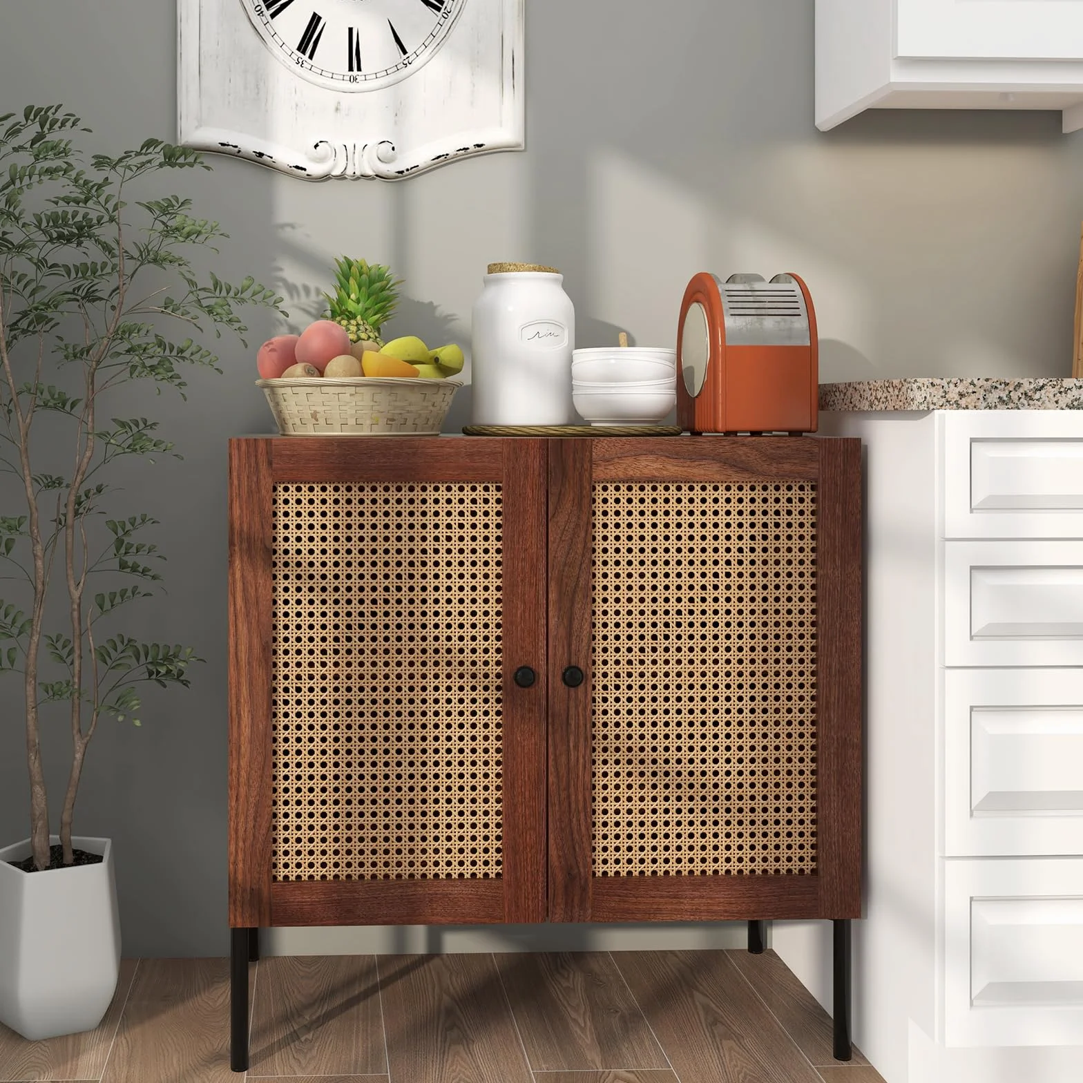 COSTWAY Kredens z 2 drzwiami rattanowymi, szafka kuchenna z drewna, 80 x 40 x 80 cm, orzech