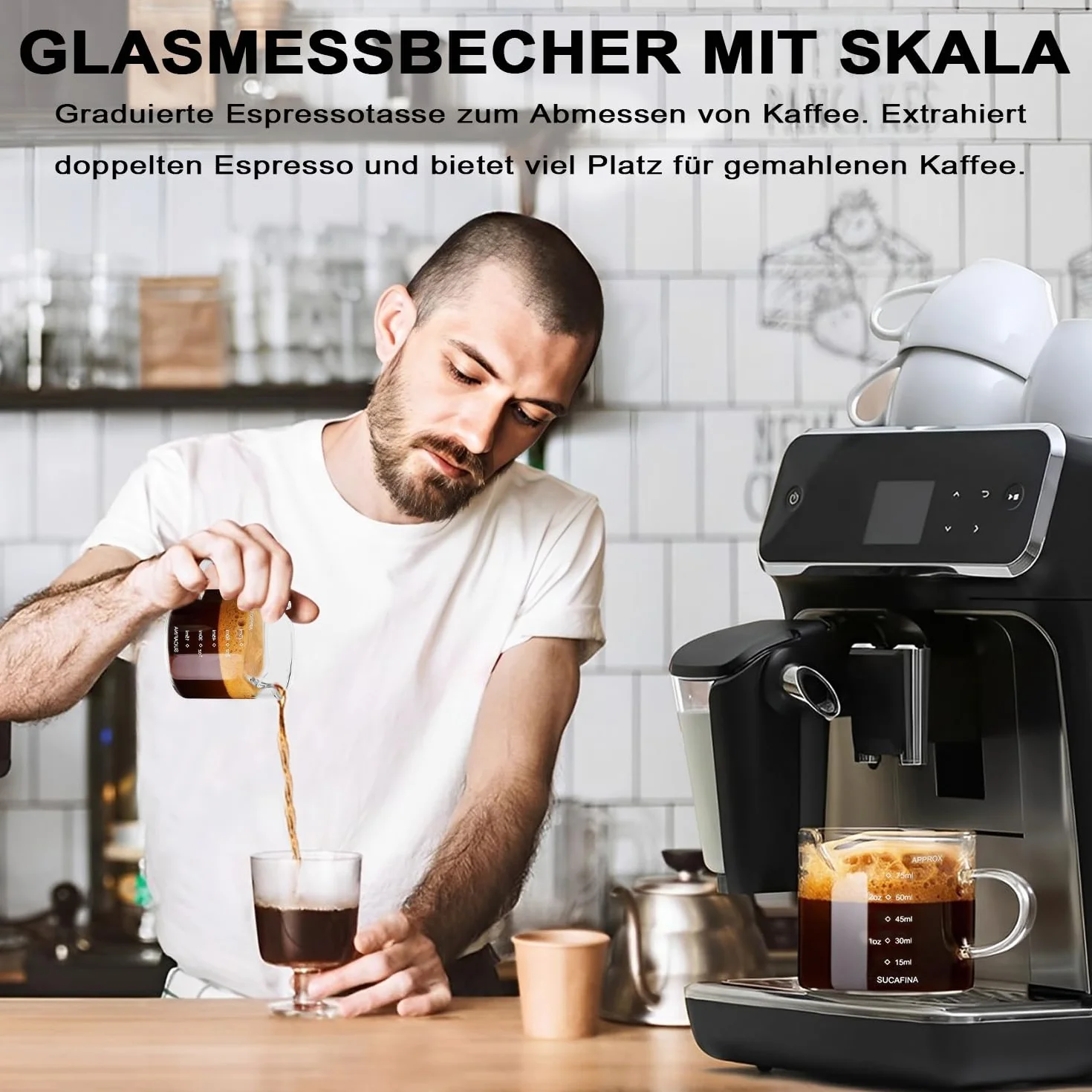 LATRAT szklany kubek z miarką 100 ml do mleka, kawy, espresso