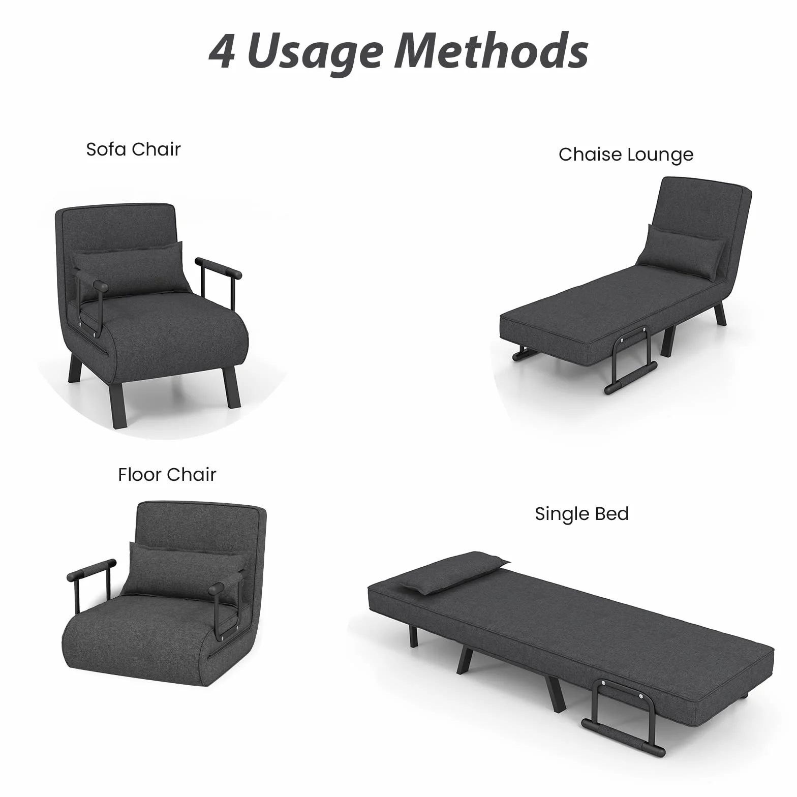 LIFEZEAL Sofa Składana Wielofunkcyjna do Spania - Fotel z 5-Stopniową Regulacją Oparcia, Poduszkami, 150 kg, Szary