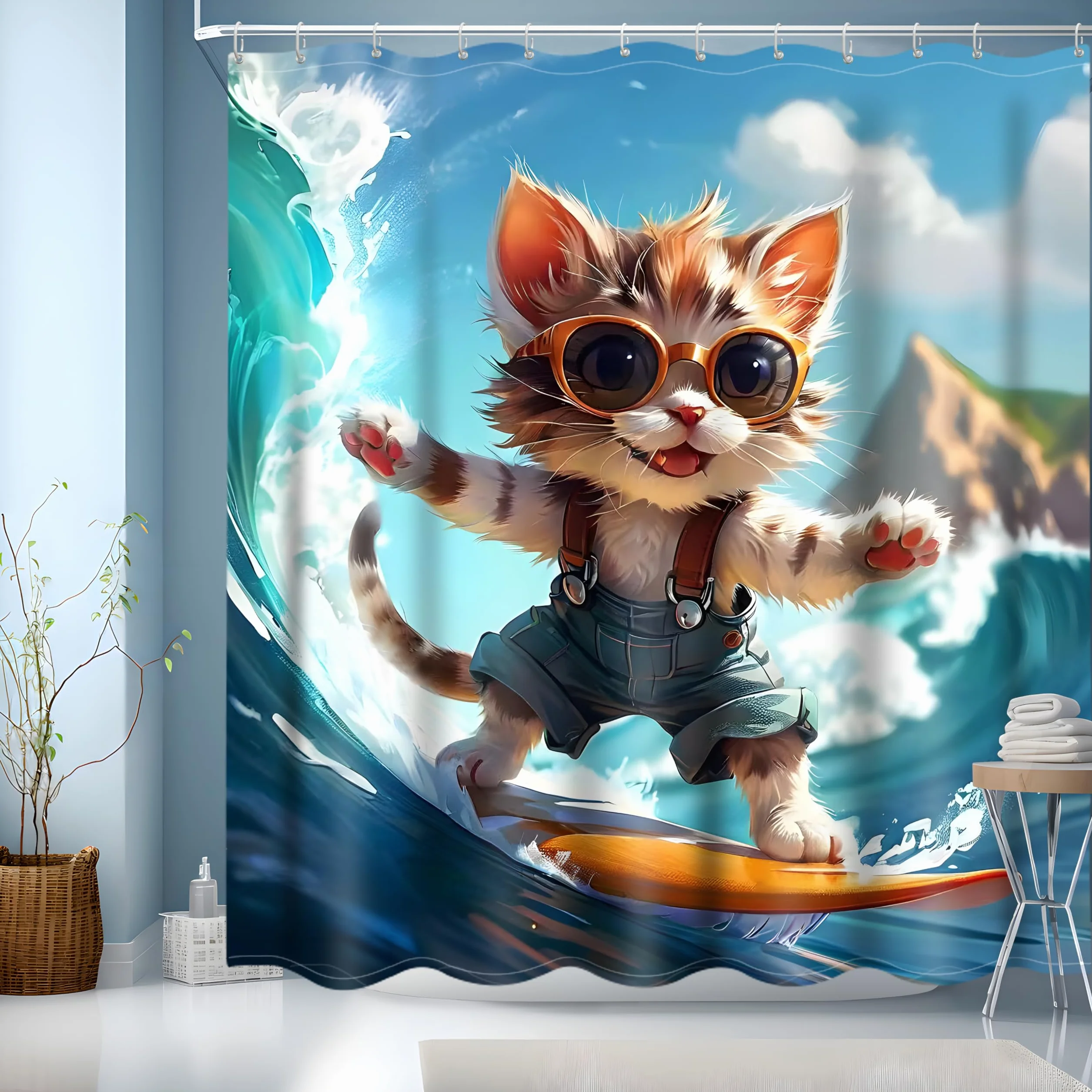 Zabawna zasłona prysznicowa z kotem 180 x 200 cm, urocza kreskówka zasłona do wanny, morze fala oceanu, zasłona łazienkowa, poliester, wodoodporne zasłony łazienkowe do łazienki dla dzieci