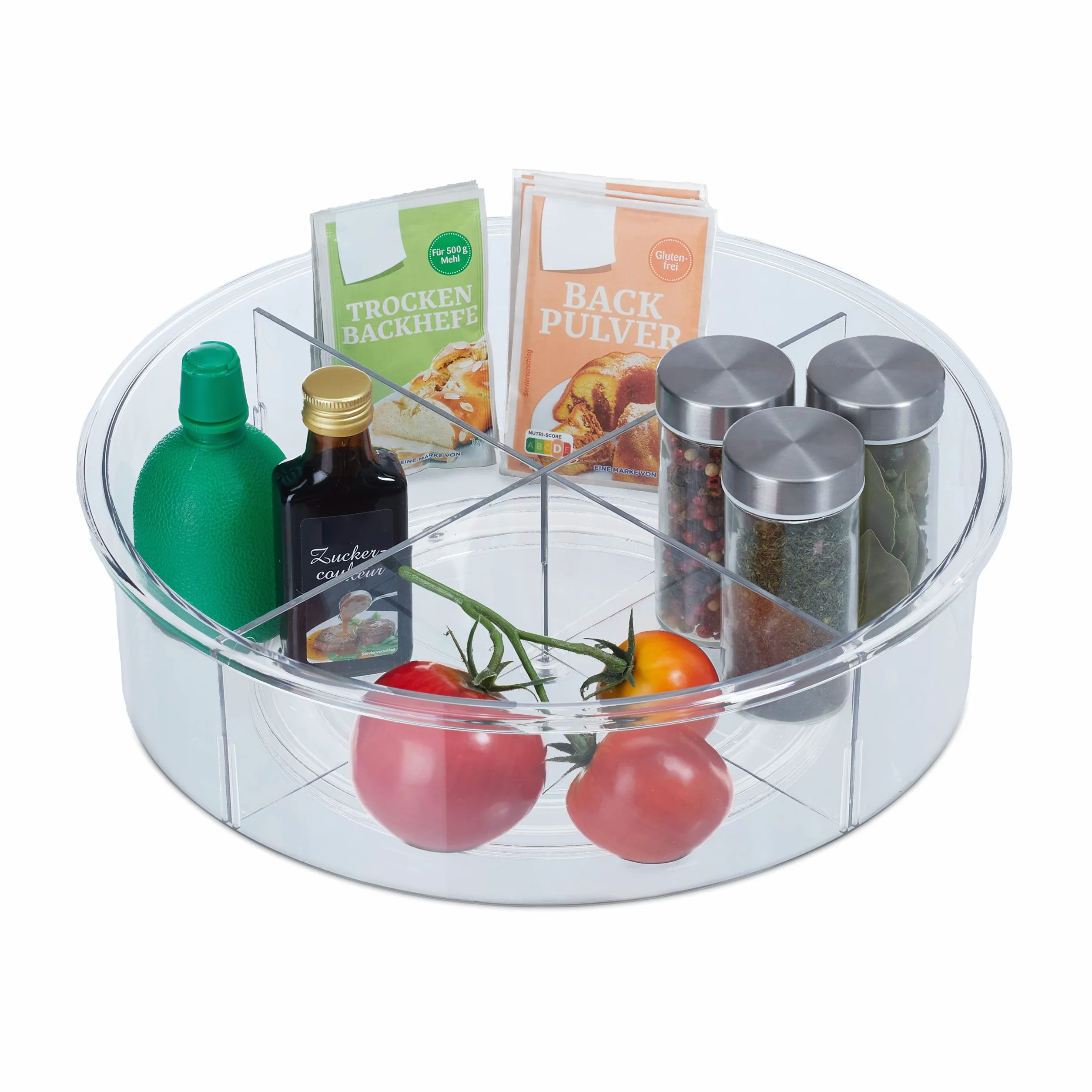Relaxdays Talerz obrotowy, średnica 30 cm, system porządkowania do kuchni i łazienki, 4 przegródki, obrotowy organizer na lodówkę, przezroczysty