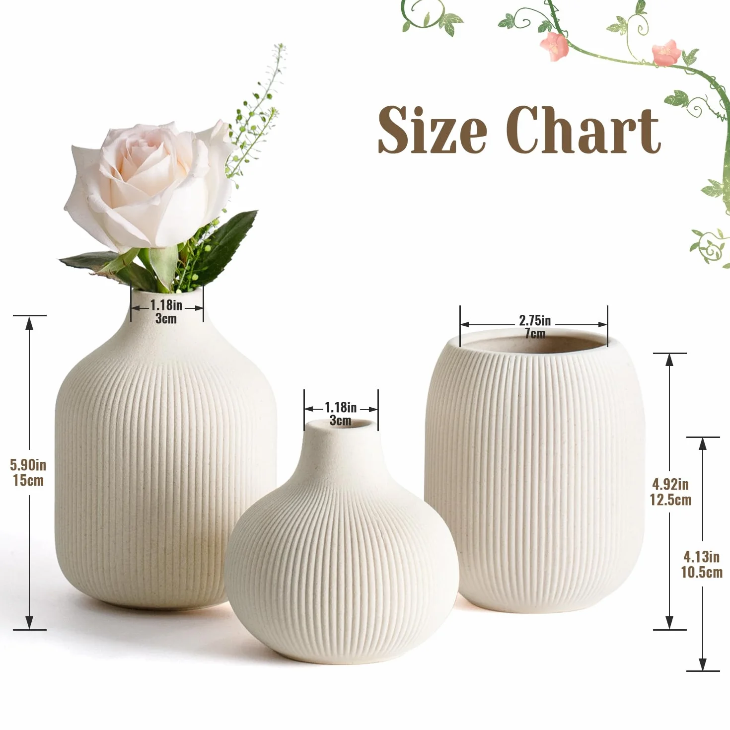 Dnnnii Zestaw 3 wazonów ceramicznych w nowoczesnym beżowym wykonaniu z prążkowaną fakturą, idealny do neutralnego i przejściowego wystroju domu - kolekcja dekoracyjnych minimalistycznych wazonów