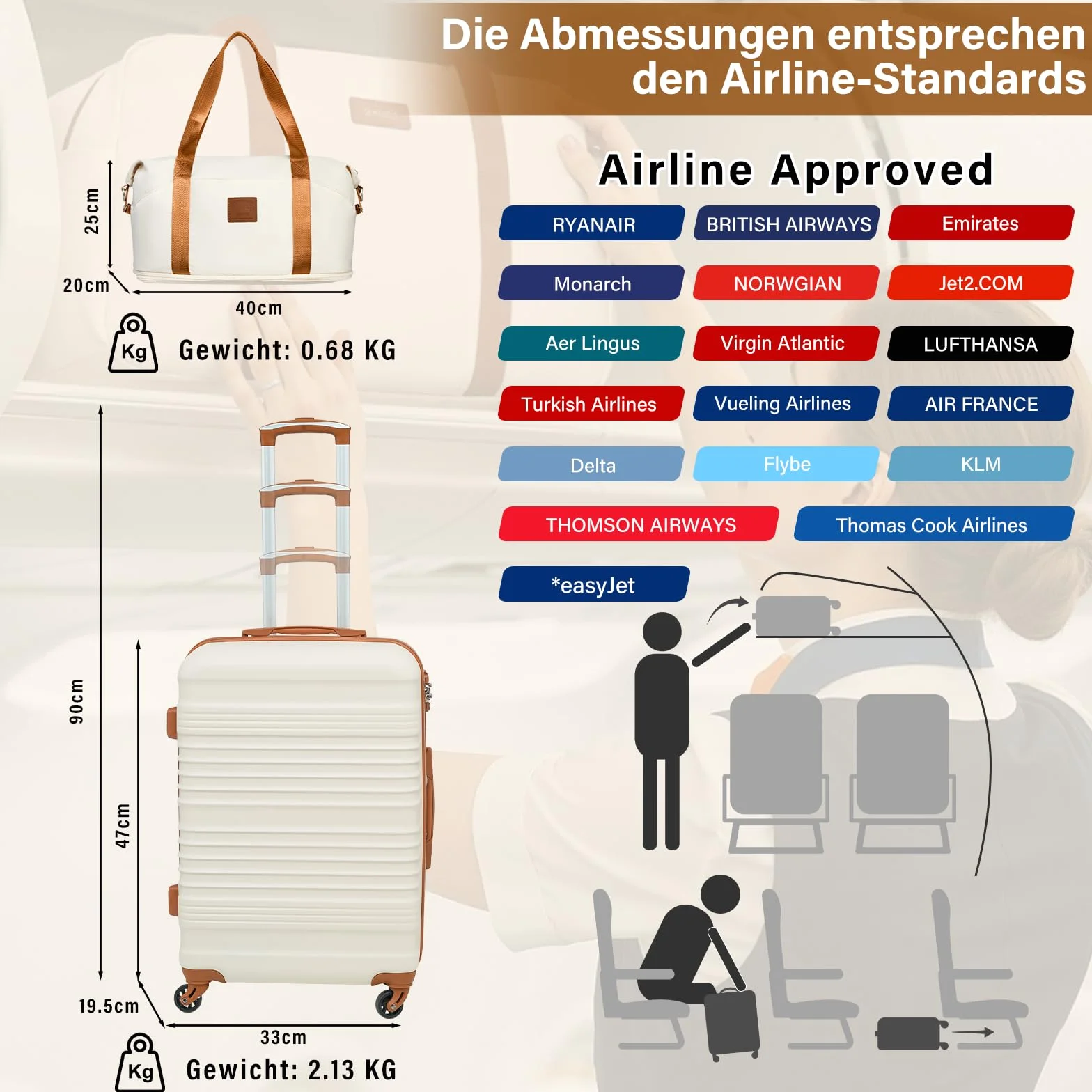 COOLIFE Zestaw walizek na kółkach, twarda obudowa, tworzywo ABS, 4 rolki, zamek TSA, wysuwany wózek na kółkach, walizka zawiera 1 torbę podróżną i 1 kosmetyczkę, ciemnozielony/brązowy, Koffer-Set 6tlg