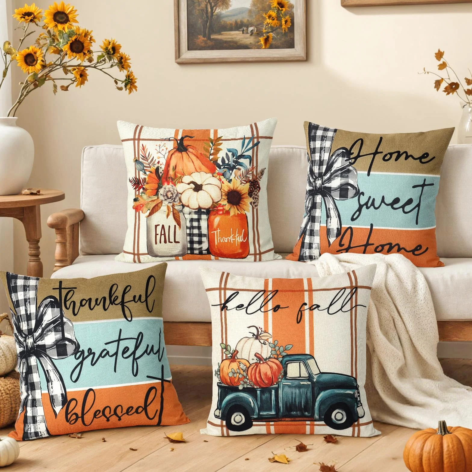 Dremisland Zestaw 4 poszewek na poduszki 45 x 45 cm pomarańczowa dynia dekoracyjna na Halloween