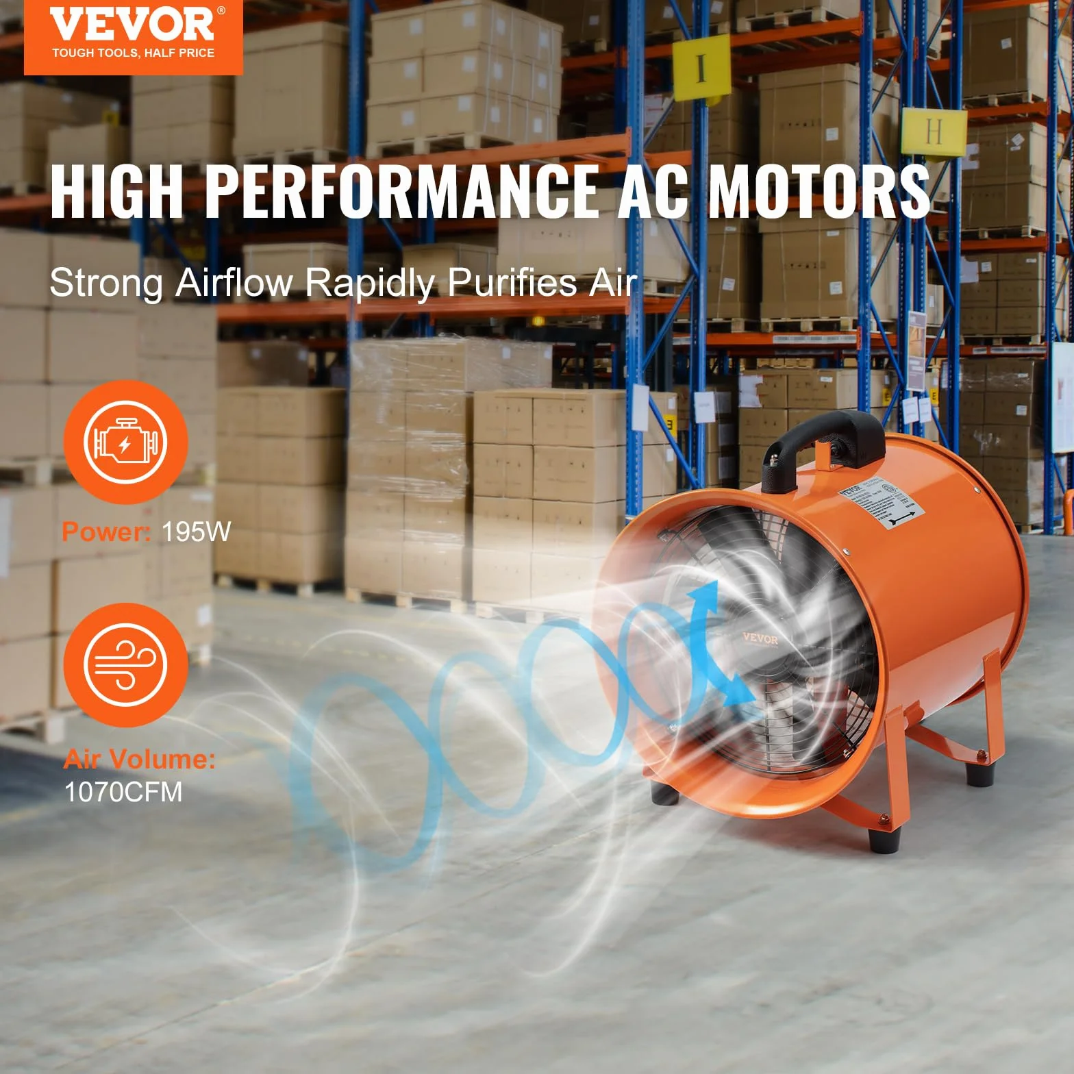 EVOR wentylator budowlany 195 W AC 2900 obr./min, 504 l/s (1070 CFM), wentylator osiowy z wężem 5 m, dmuchawa osiowa, poziom hałasu 79 dB