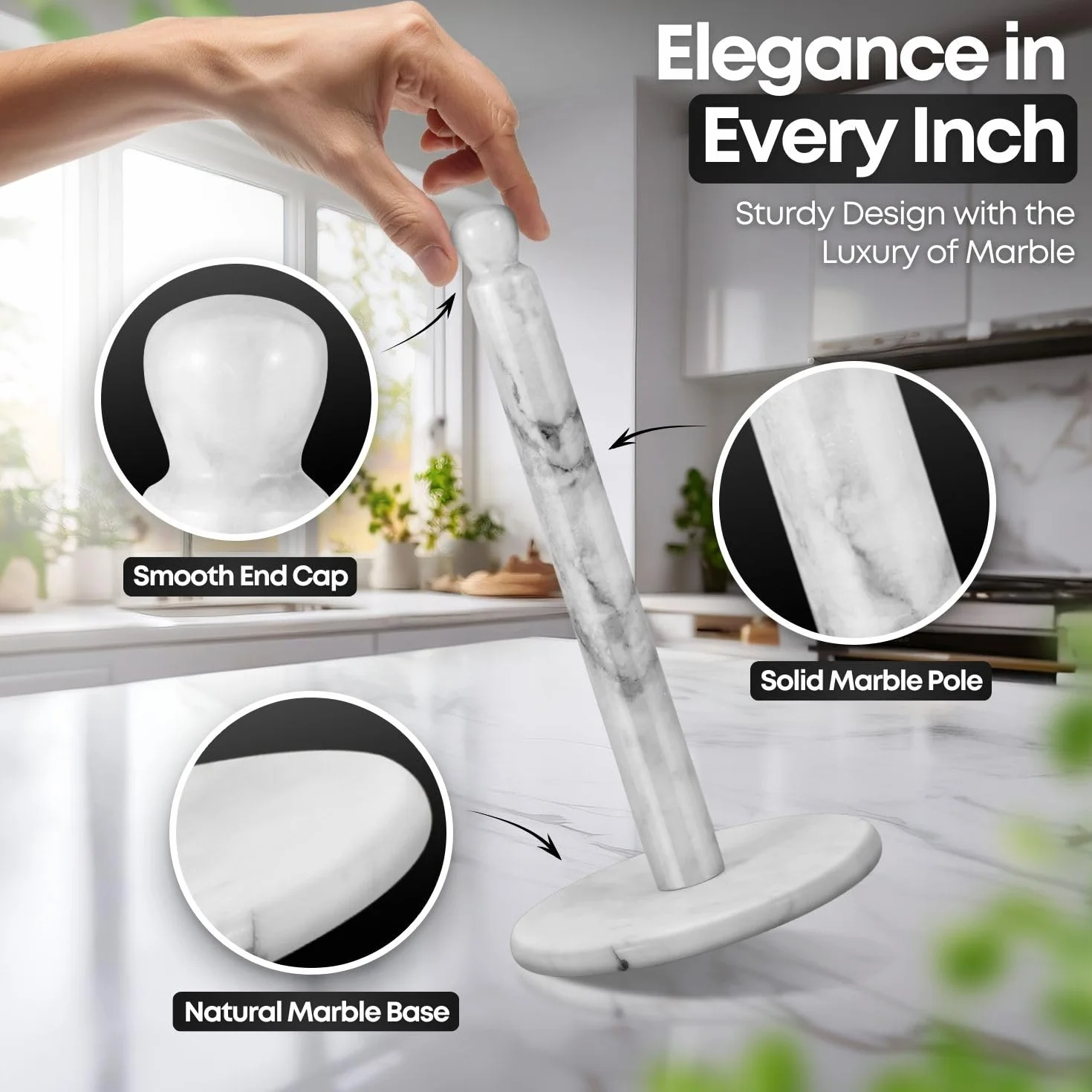 Flexzion Marmurowy uchwyt na ręczniki papierowe, biały, 30 cm, stojak na ręczniki papierowe z obciążoną marmurową podstawą do standardowych i dużych rozmiarów rolek papieru