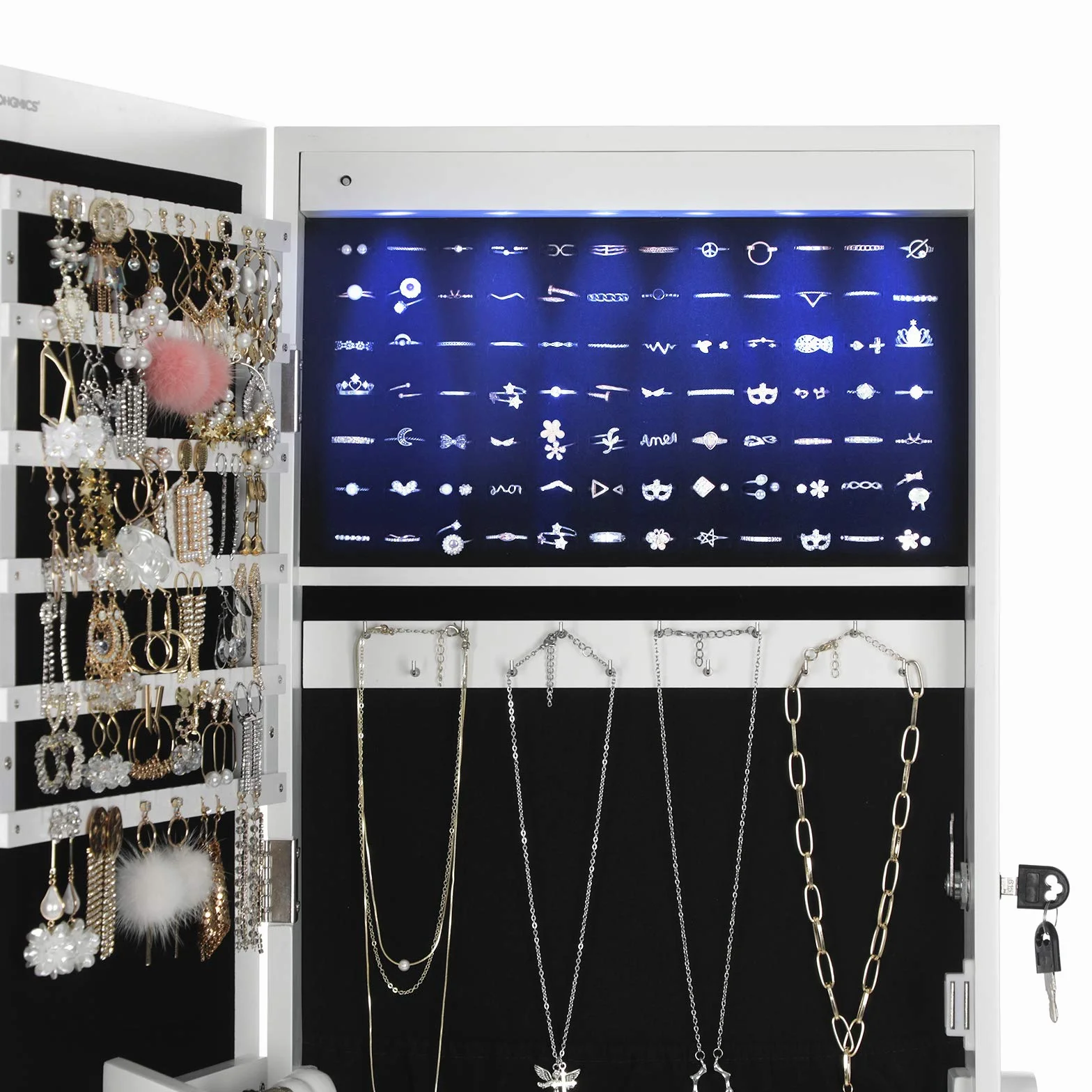 SONGMICS JBC94W oświetlenie LED szafka na biżuterię, z lustrem, 4 półki i 2 małe szuflady, zamykana