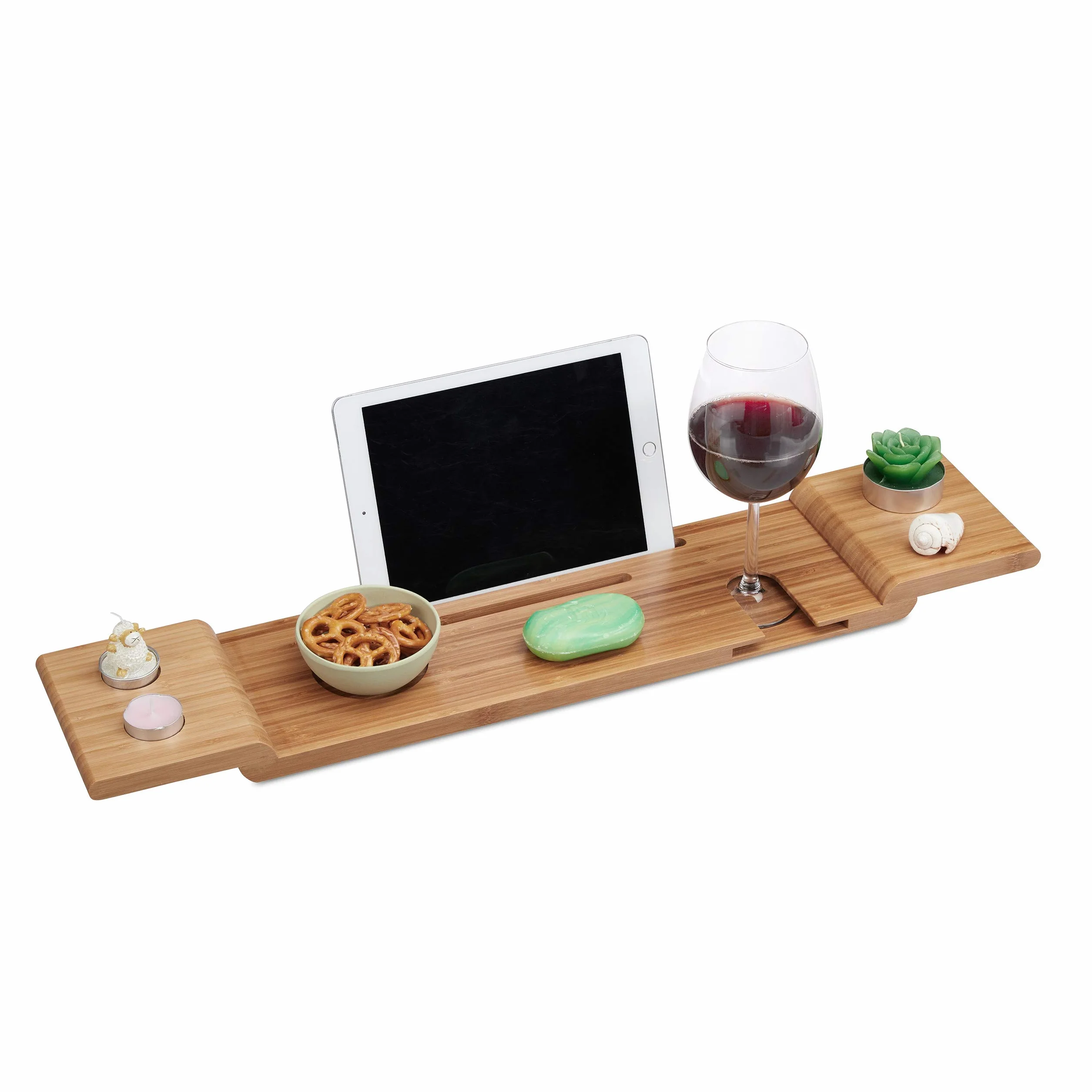 Relaxdays Bambusowa półka na wannę, szerokość 70 cm, taca na szkło, telefon komórkowy, tablet, półka na wannę do zawieszenia, naturalna