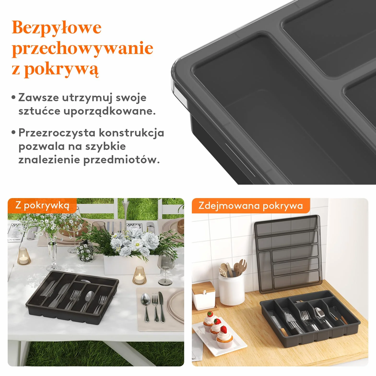 Taca na sztućce Lifewit z pokrywką, pojemnik na sztućce do szuflady kuchennej i na blat, plastikowa szuflada na sztućce, organizer na łyżki, widelce, noże, 6 przegródek, czarny
