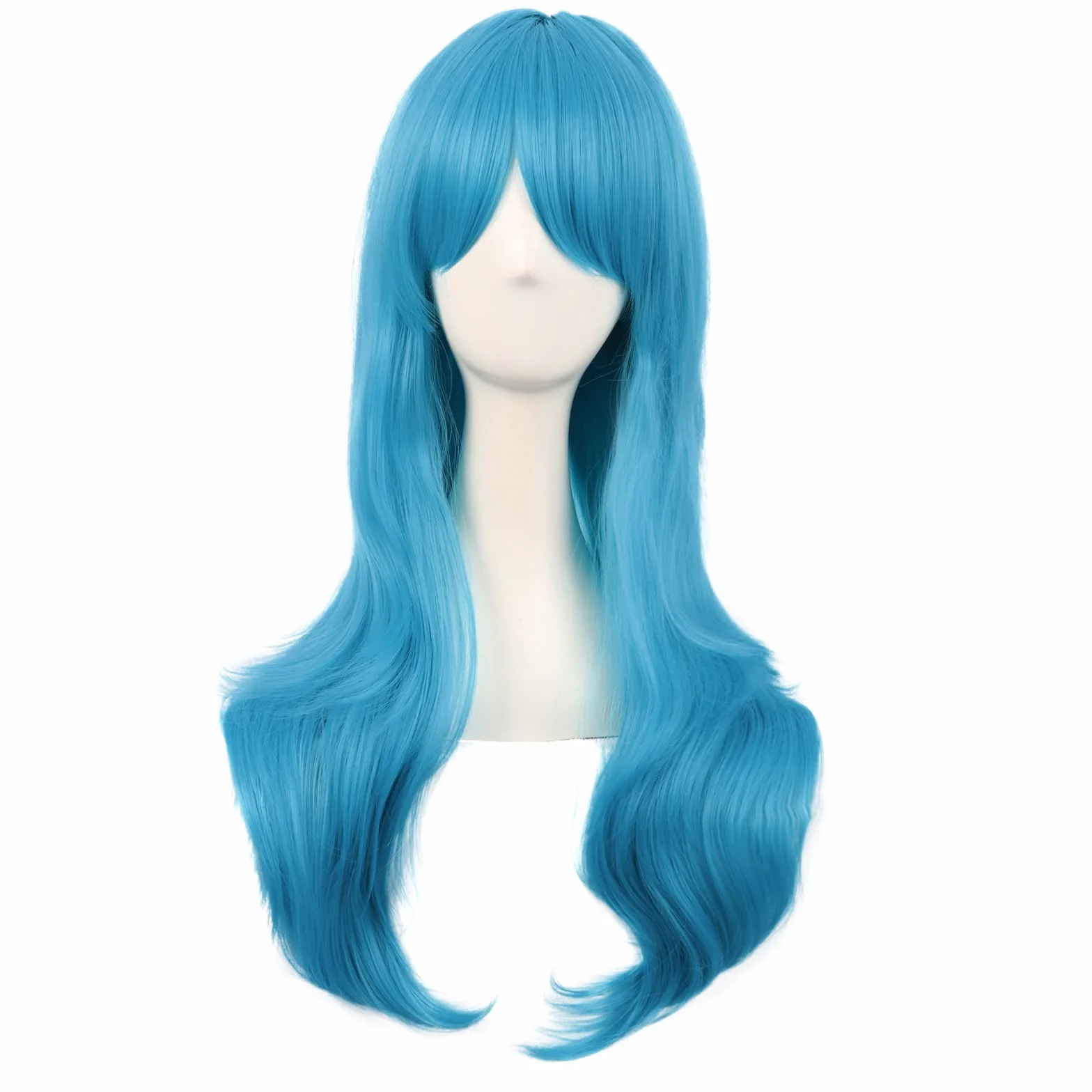 MapofBeauty 28 cali/70 cm Boczne grzywki naturalne objętość długie kręcone Cosplay Peruki (cyjan niebieski)