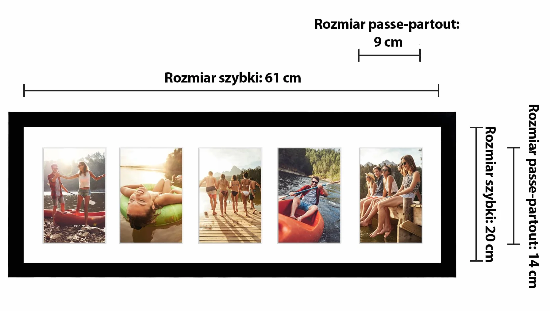 Americanflat ramka kolaż 20 x 61 cm panoramiczna multiramka na 5 zdjęć 10 x 15 cm ze szkłem odpornym na stłuczenie