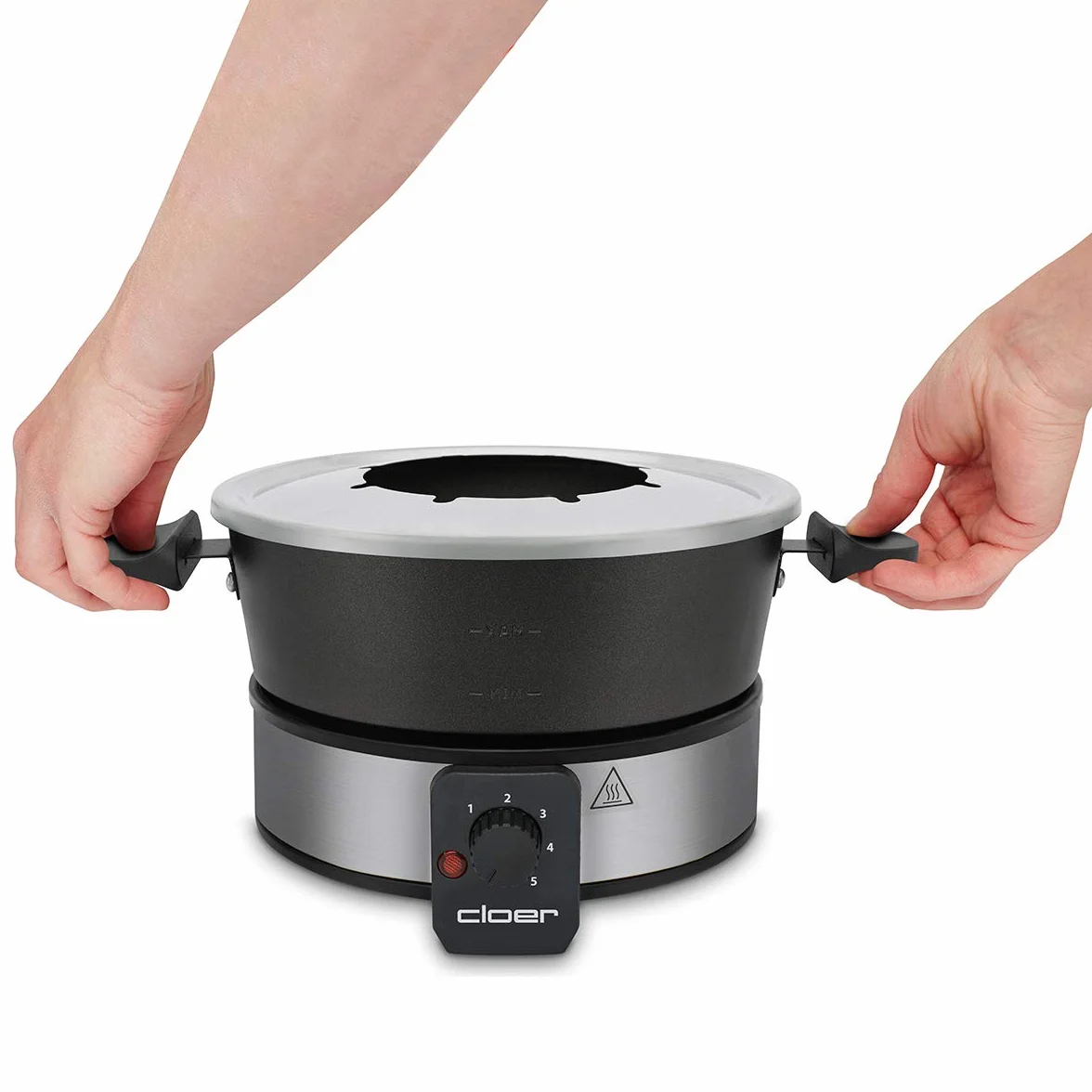 Cloer 6679 fondue dla 8 osób, powlekany garnek aluminiowy, łącznie z ochroną przed pryskaniem, 8 kolorowymi widelcami 1,5 litra, 1000 W, srebrny, czarny