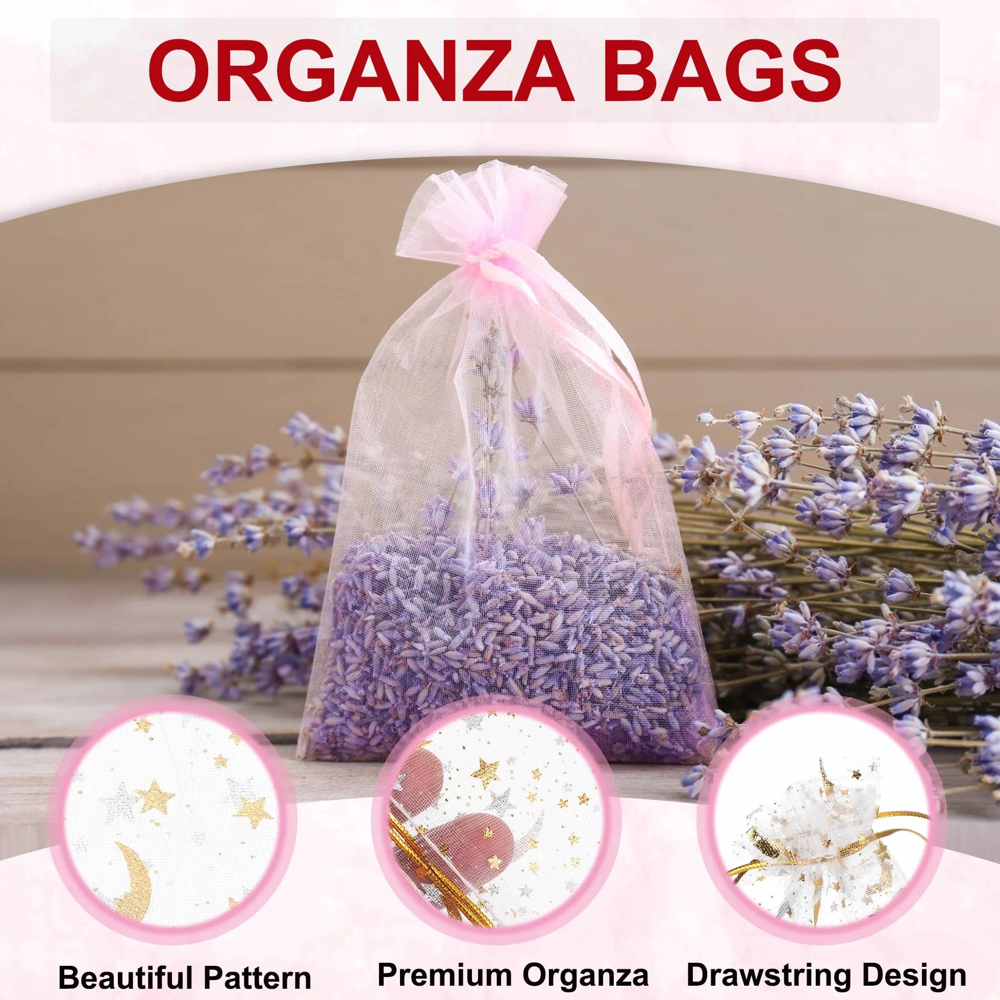 QUARKZMAN Woreczki z organzy, 50 sztuk, 10 x 15 cm, woreczki prezentowe, woreczek na biżuterię, wzór Moon-Star, woreczki siatkowe ze ściągaczem, woreczki z organzy na wesele, imprezę, słodycze, 10
