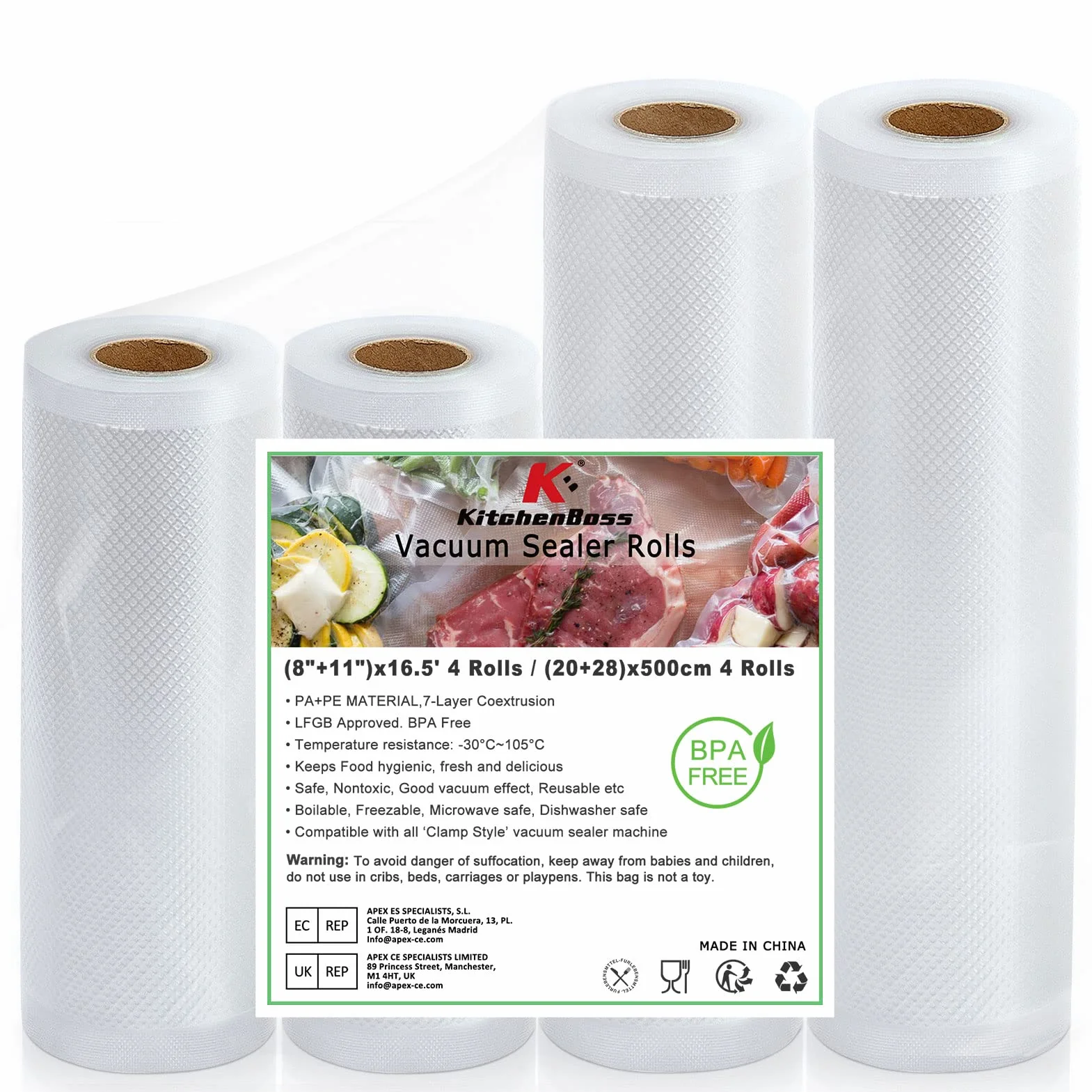 KitchenBoss Worki próżniowe do uszczelniania żywności, 2 opakowania 20 x 500 cm i 2 opakowania 28 x 500 cm, worki do pakowania żywności, worki do zamrażania do zgrzewarki próżniowej