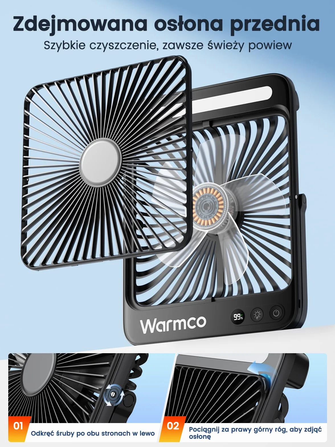 Warmco Wentylator Kempingowy 20000mAh Akumulatorowy, Płaski Wysokość 27cm z Lampką LED, Czas Pracy 48h, Przenośny Wiatrak do Namiotu, Podróży, Na Zewnątrz