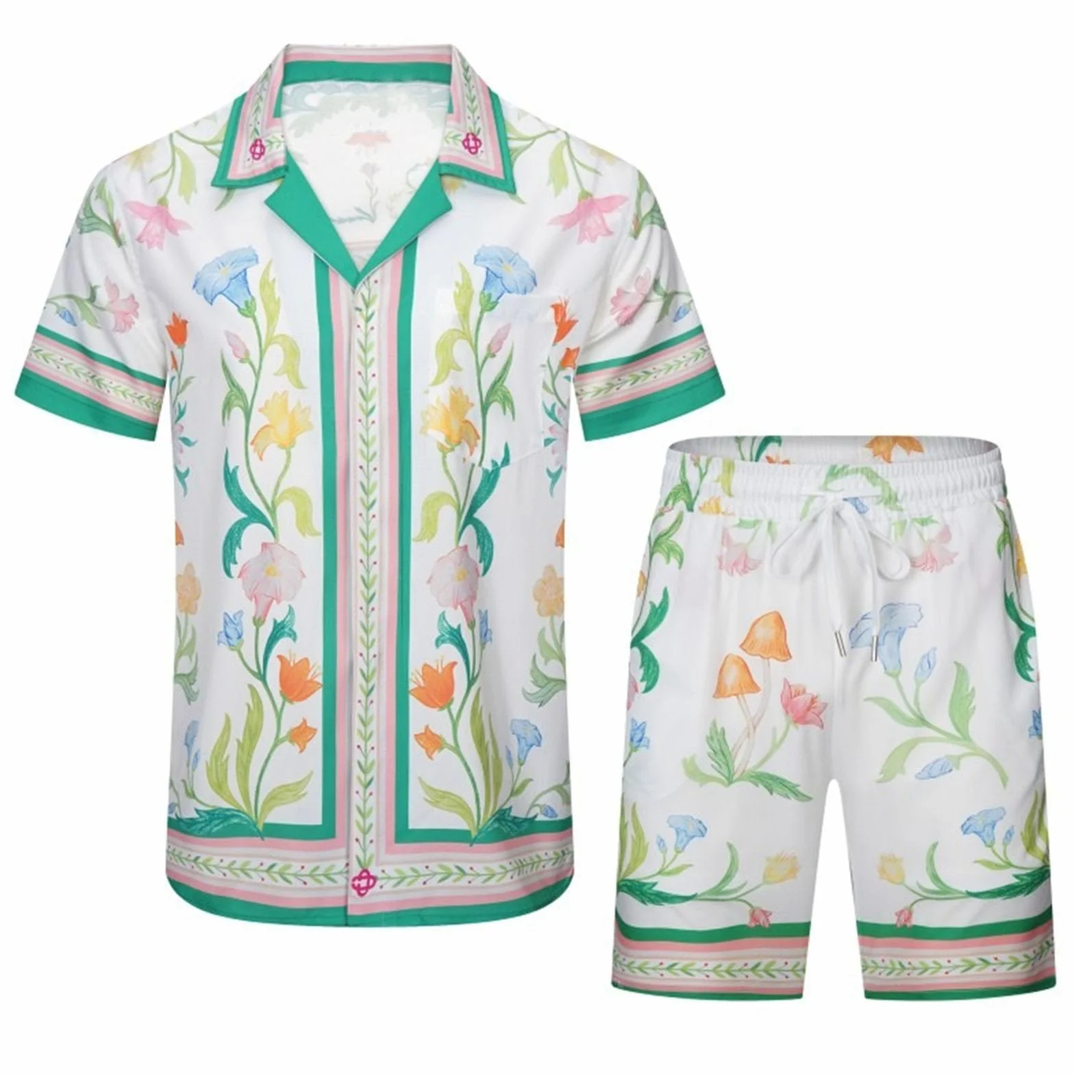 Retro Trend Plaża Krótki Rękaw Kwiatowa Koszula Para Spodenki Dwuczęściowe Letnie Oddychające Fajne Wszechstronne Codzienne Wypoczynek