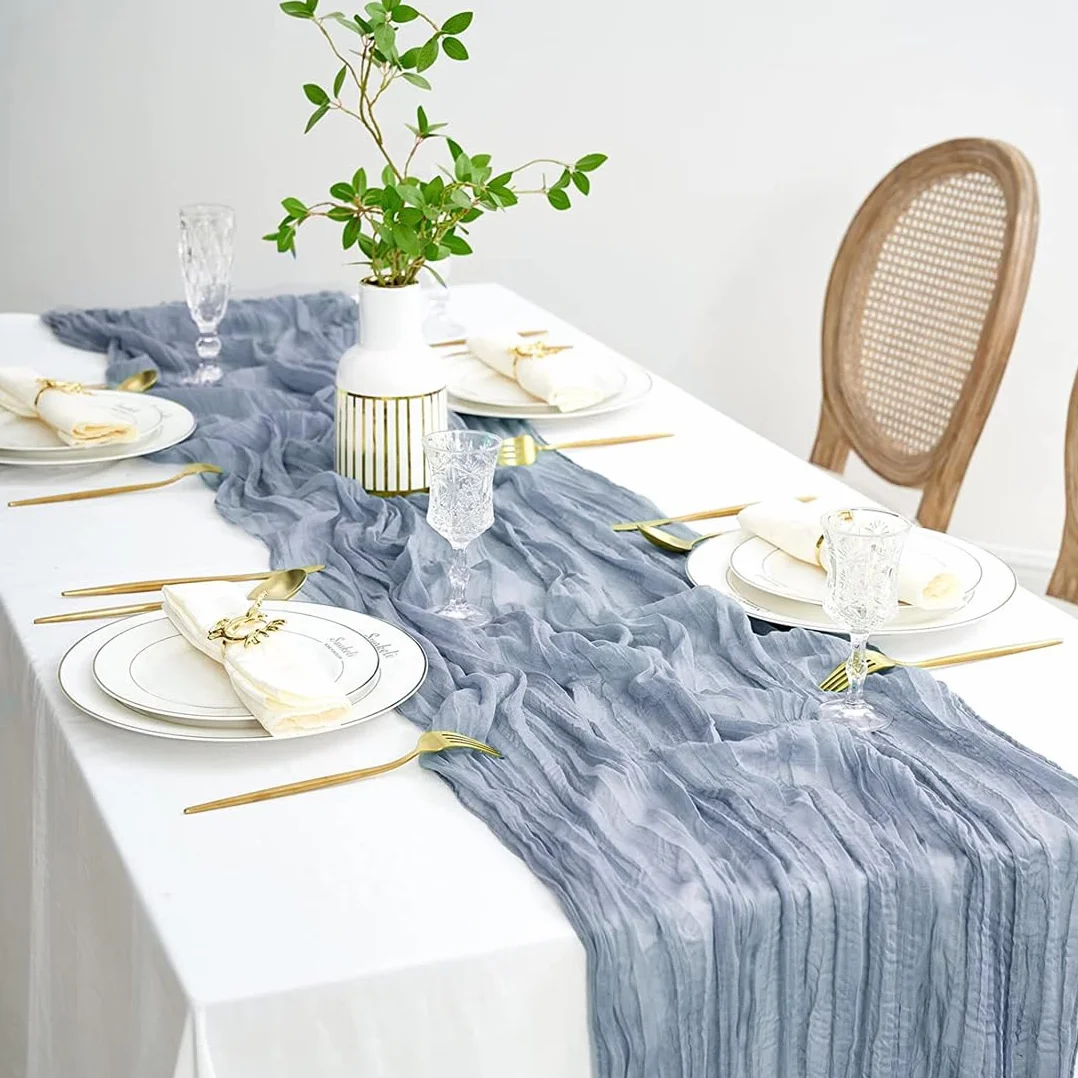 Niebieski bieżnik na stół, 90 x 400 cm, gaza, bieżnik na stół, bieżnik na ser w stylu boho, rustykalna elegancka dekoracja stołu na wesele, chrzest, baby shower, urlop, imprezę