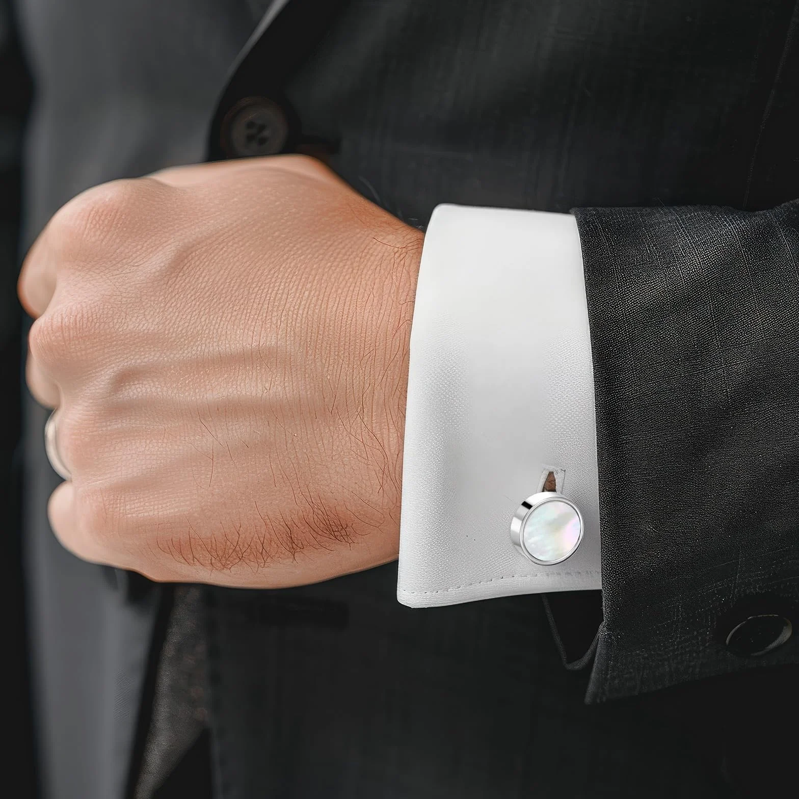Ouligay Srebrne spinki do mankietów dla mężczyzn z masy perłowej, klasyczne okrągłe spinki do mankietów, zapięcie na klips i guziki, biznesowe lub formalne okazje, prezent dla mężczyzn