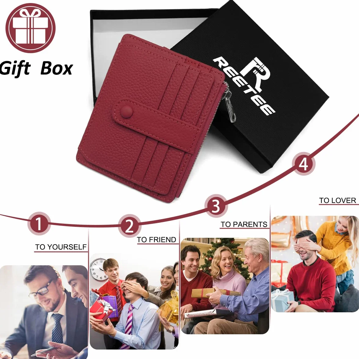 REETEE Portfel damski i męski, mały, z prawdziwej skóry, etui na karty, ochrona RFID, kieszeń na monety, 14 przegródek na karty, Slim Wallet na prezent, czerwony (Weinrot), M, minimalizm