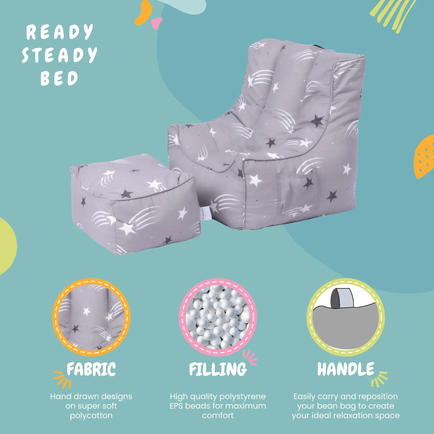 Ready Steady Bed worek do siedzenia dla dzieci z podnóżkiem, miękka sofa do pokoju zabaw, ergonomiczny fotel dla malucha