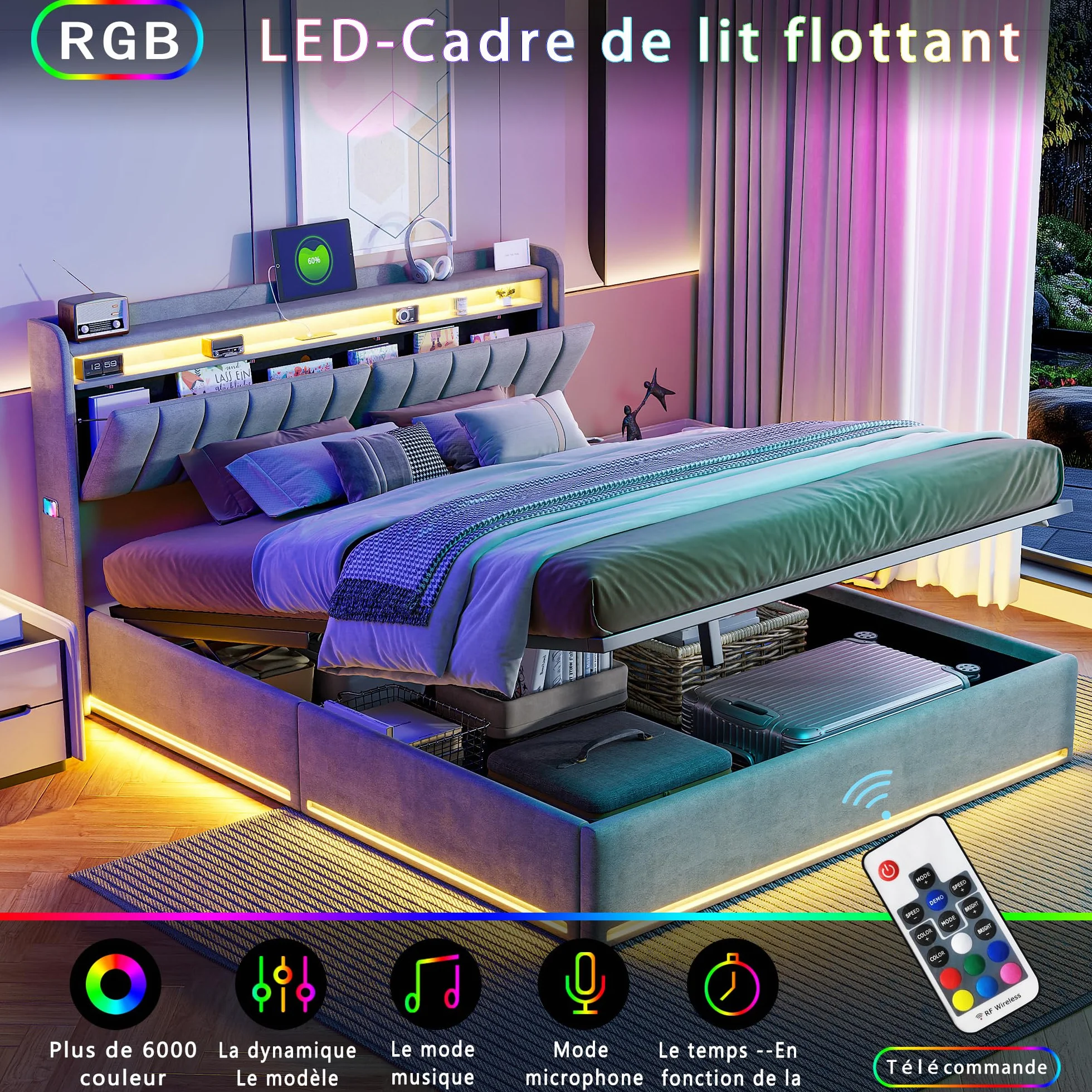 Tapicerowane łóżko podwójne 160x200 cm z oświetleniem LED i ładowaniem USB, hydrauliczne z pudełkiem do przechowywania, szary