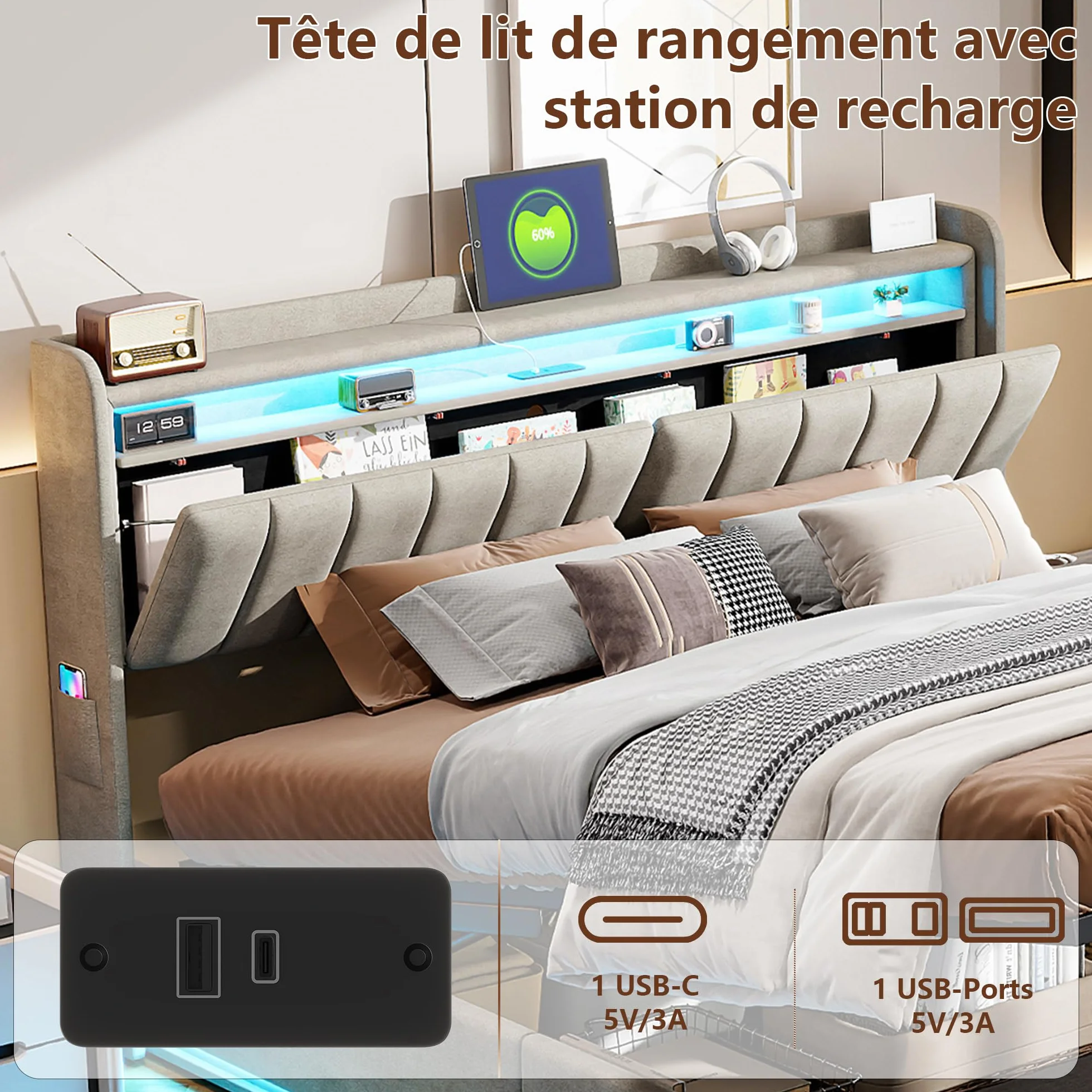 Tapicerowane łóżko podwójne 160x200 cm z oświetleniem LED i ładowaniem USB, hydrauliczne z pudełkiem do przechowywania, szary