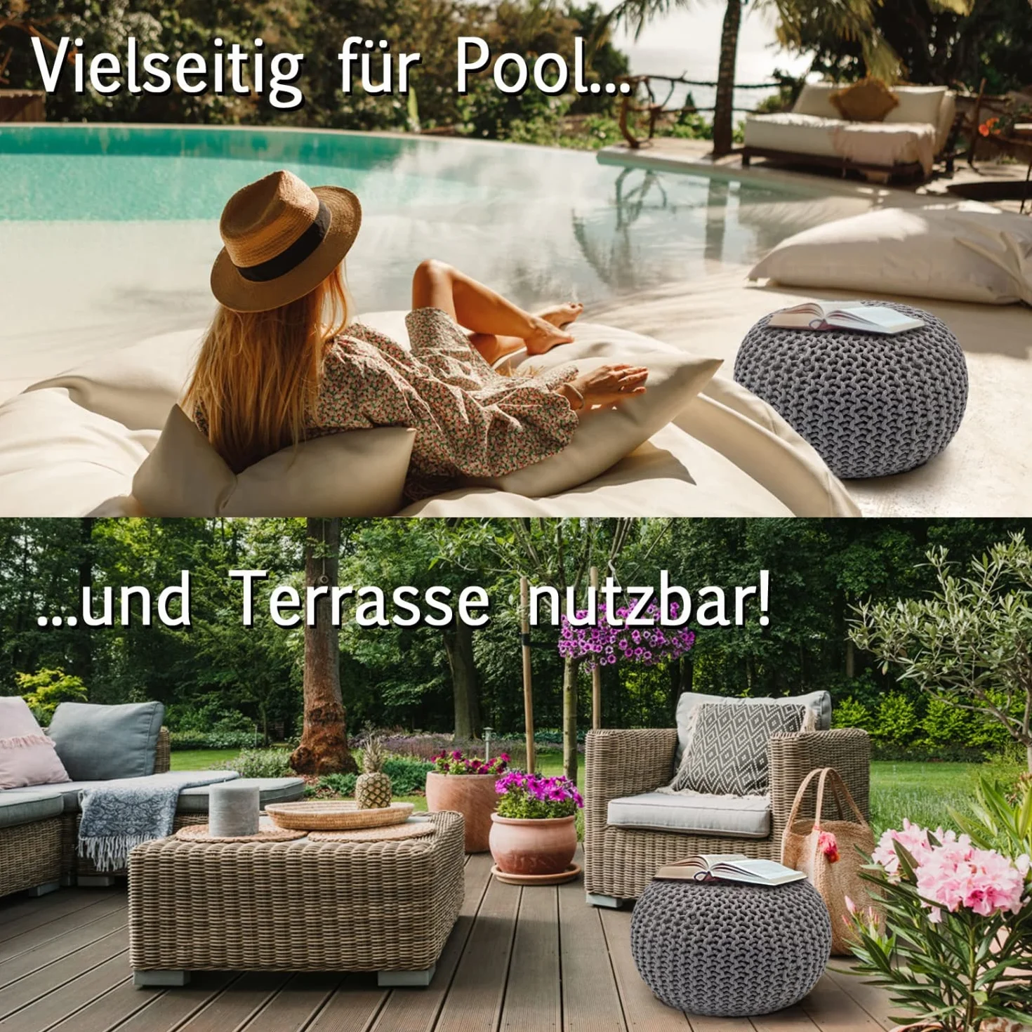 Casamia Puf Ø 55 cm Taboret z Dzianiny Pufa Poduszka Podłogowa Outdoor Szary Srebrnoszary