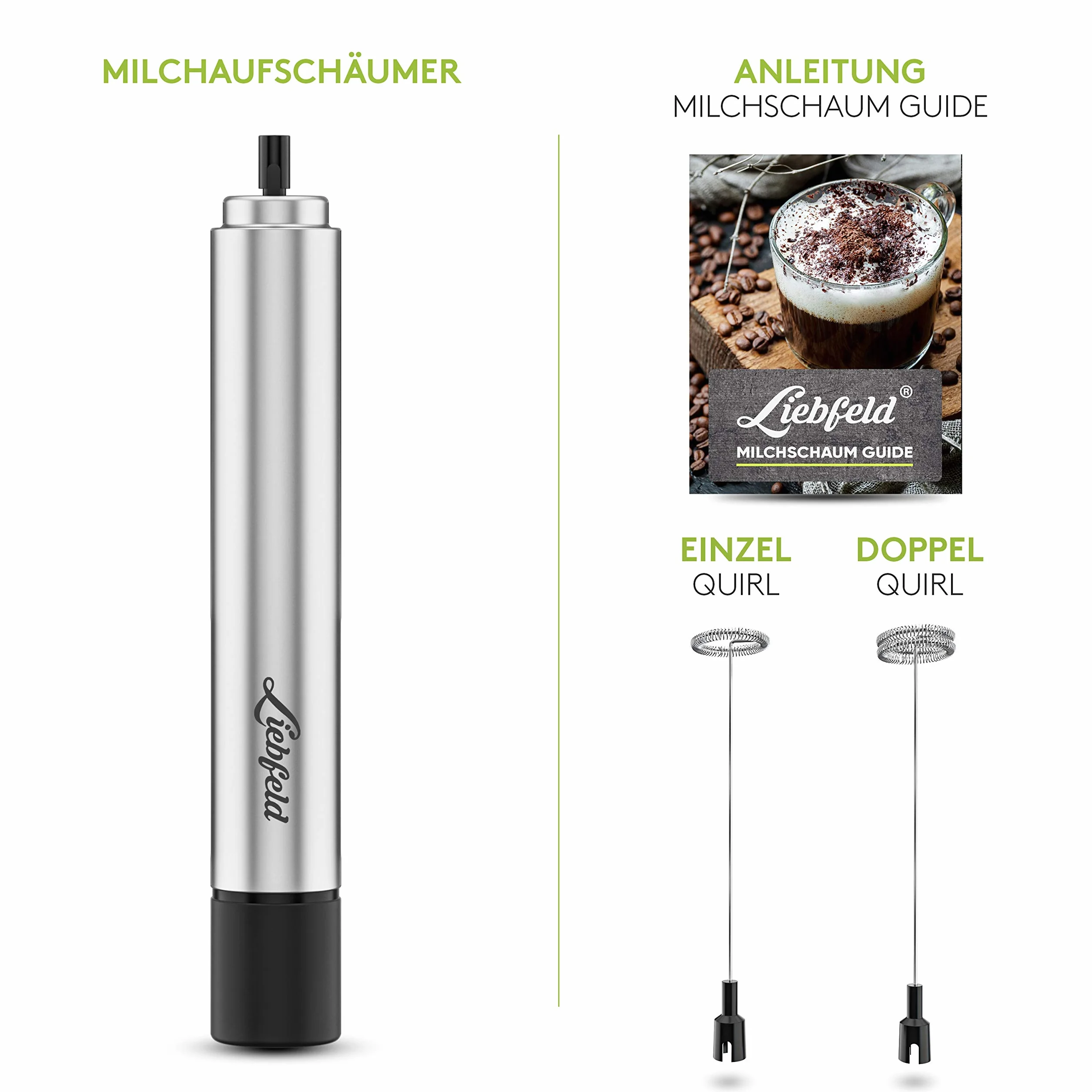 Liebfeld Elektryczny Spieniacz do Mleka - Pręt z Pojedynczą i Podwójną Spiralną Miotłą - Stal Nierdzewna, Blender do Kawy, Latte, Smoothies