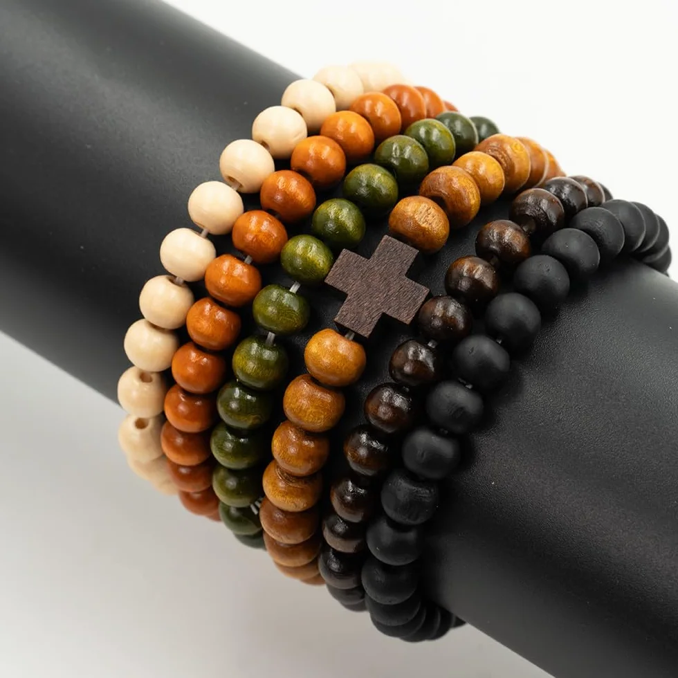 Zestaw 6 bransoletek z koralików drewnianych Stack, Cross Bangle - Bransoletki z koralików dla kobiet i mężczyzn, 8 mm okrągłe, elastyczne bransoletki z koralików, unisex, do jogi