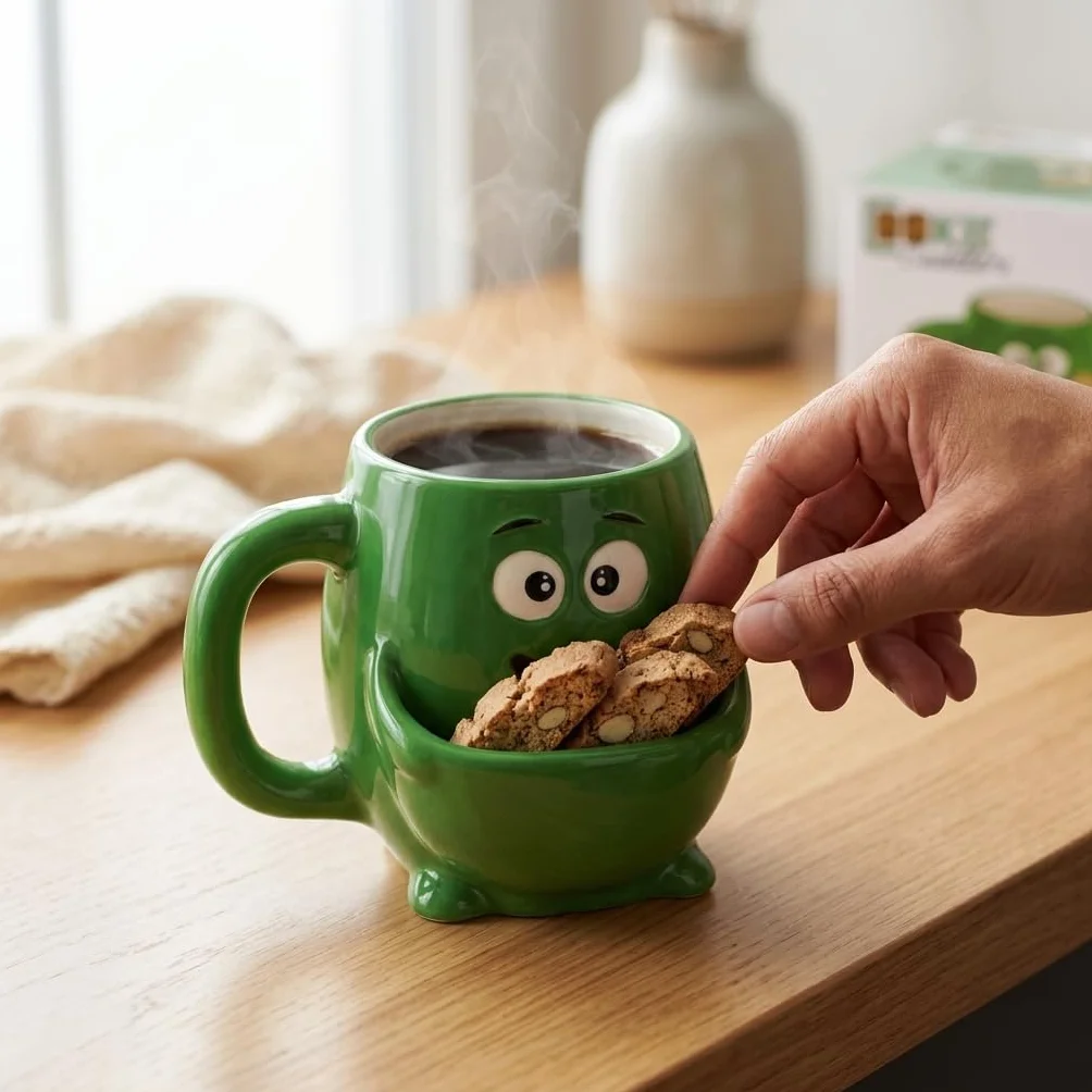 MIJOMA Kubek do kawy i herbaty z przegrodą na ciastka ceramiczny 400 ml zieleń potwora