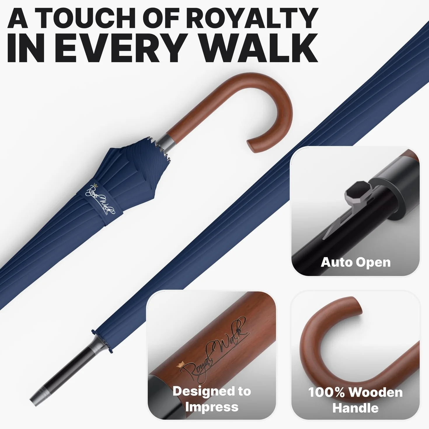 Royal Walk Wiatroszczelny parasol czarny duży 137 cm automatyczne otwieranie dla 2 osób odporny na burzę dla mężczyzn kobiet klasyczny drewniany uchwyt lekki wodoodporny trwały mocne 16 żeber podróż