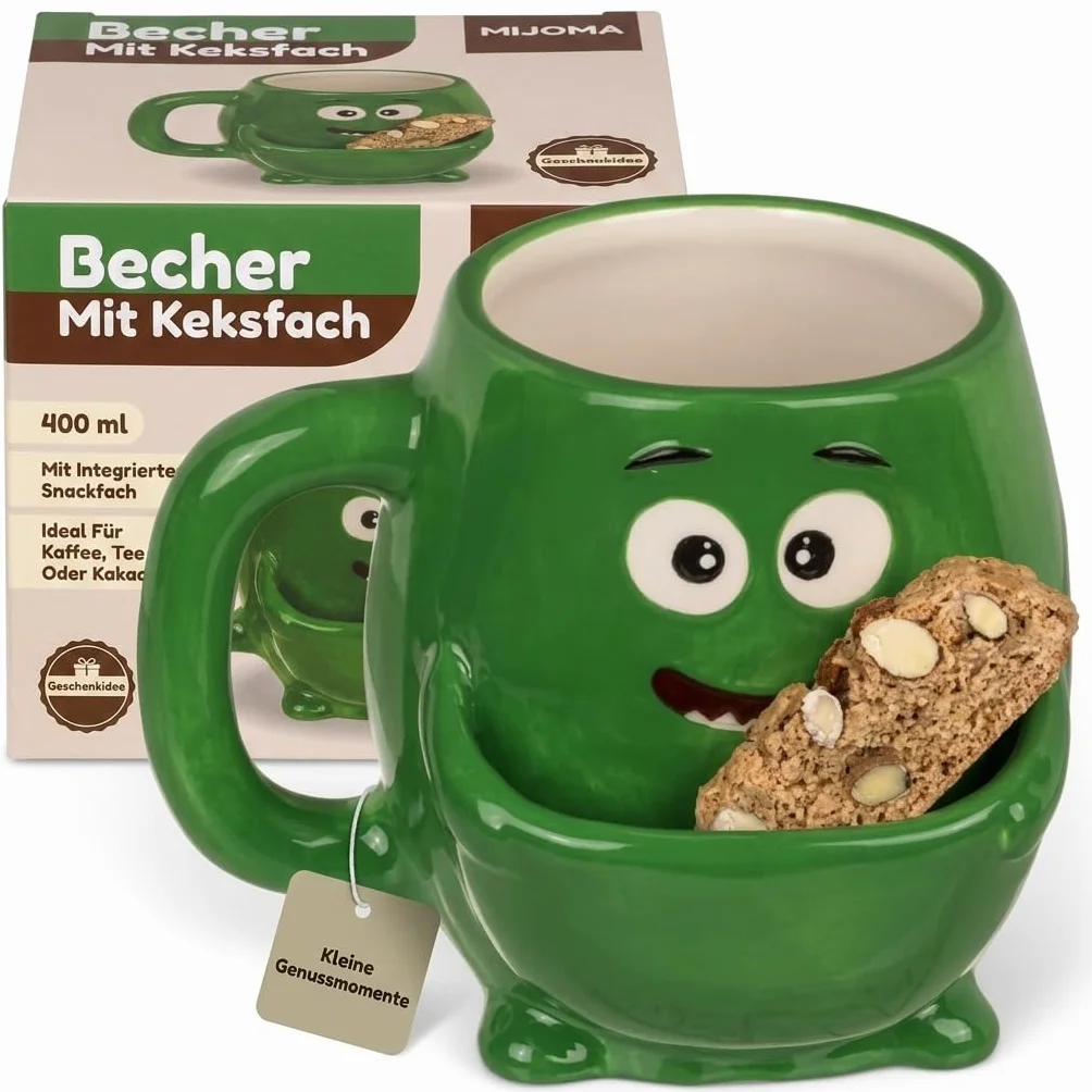 MIJOMA Kubek do kawy i herbaty z przegrodą na ciastka ceramiczny 400 ml zieleń potwora